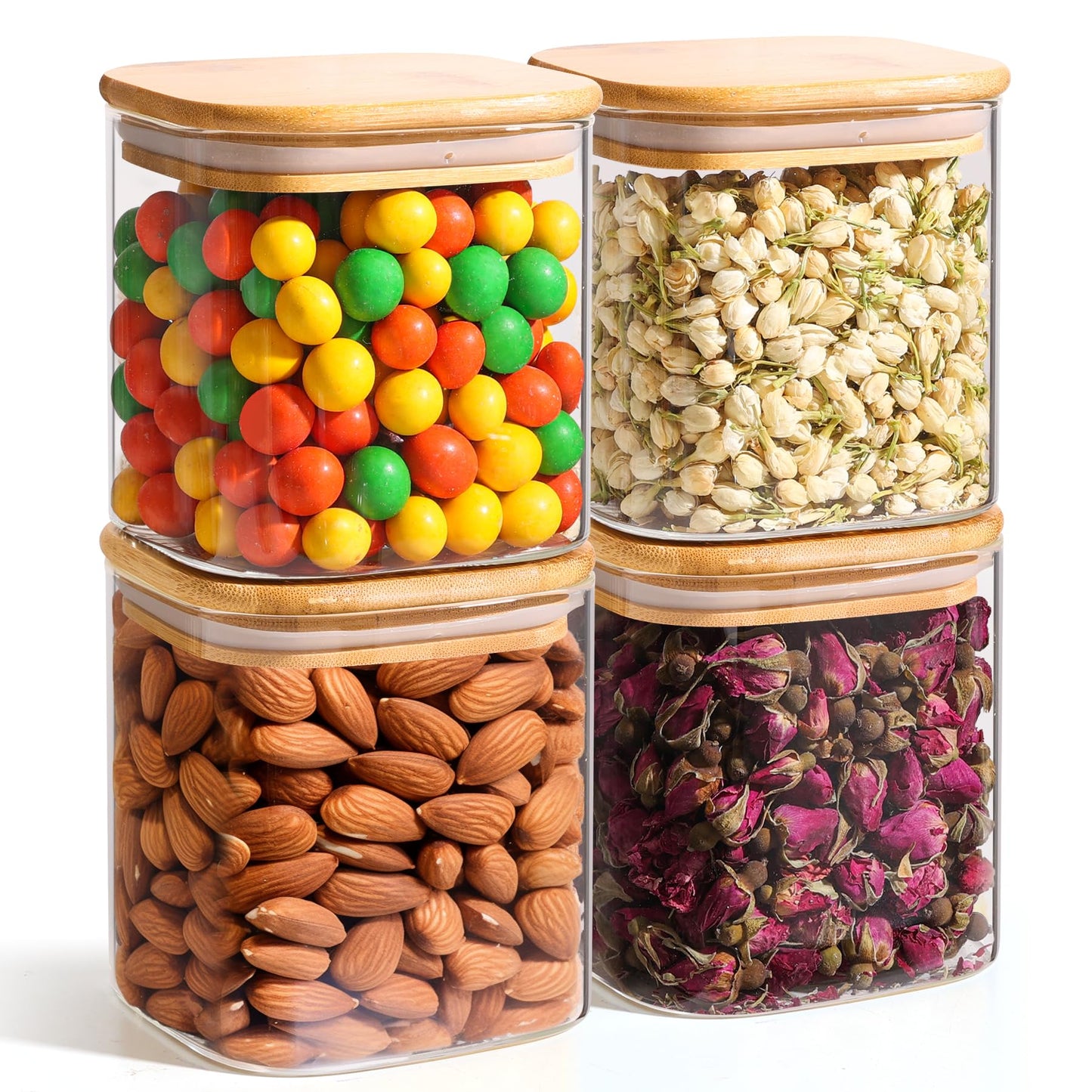 ComSaf Airtight Glass Storage Canister with Lids (24oz/37oz/51oz) Set of 6, Clear Food Storage Container Kitchen Pantry Storage Jar, Glass Jars for Flour Cereal Sugar Tea Coffee Beans Snacks, Square