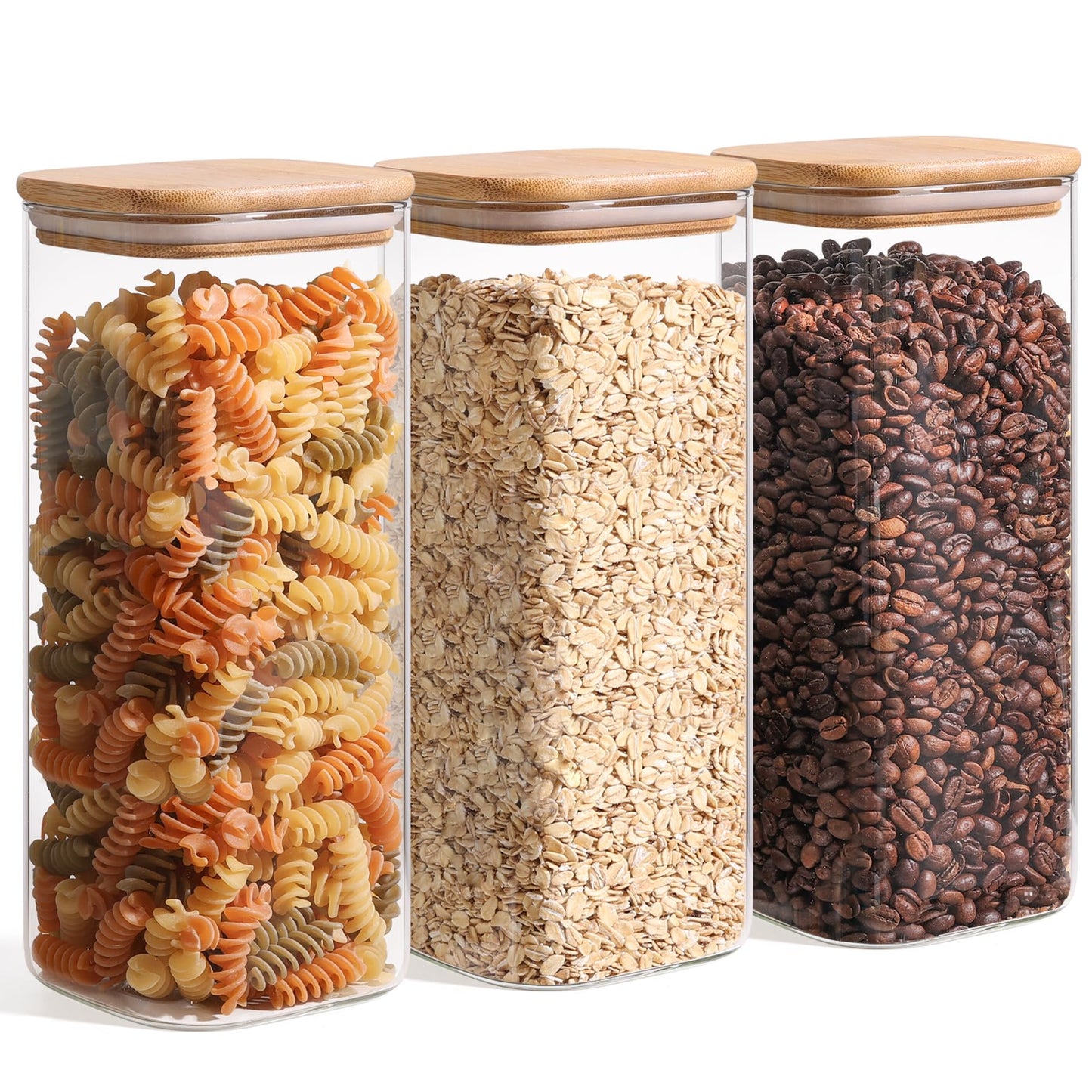 ComSaf Airtight Glass Storage Canister with Lids (24oz/37oz/51oz) Set of 6, Clear Food Storage Container Kitchen Pantry Storage Jar, Glass Jars for Flour Cereal Sugar Tea Coffee Beans Snacks, Square
