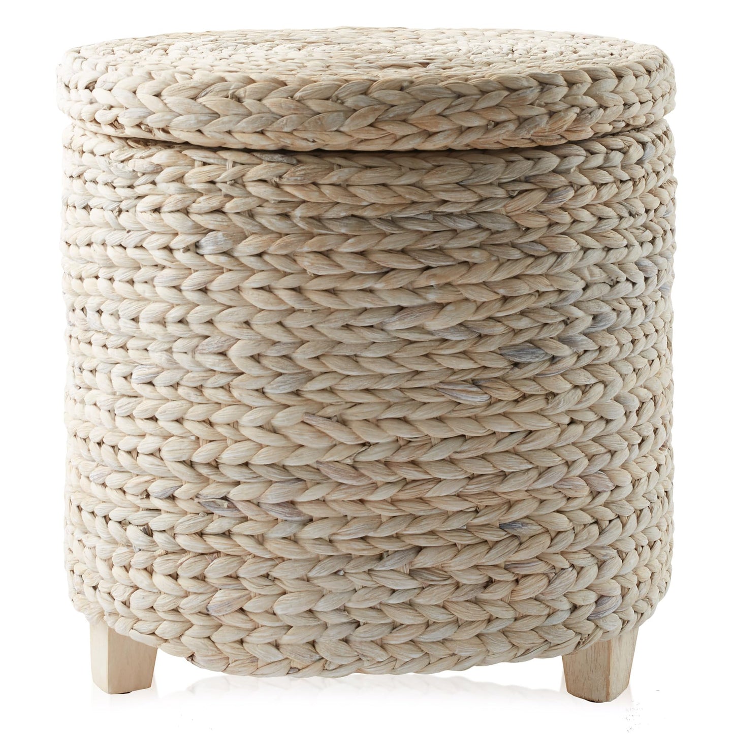 Round Storage Ottoman with Lid - Whitewash, Handwoven Water Hyacinth Footstool for Living Room, Bedroom