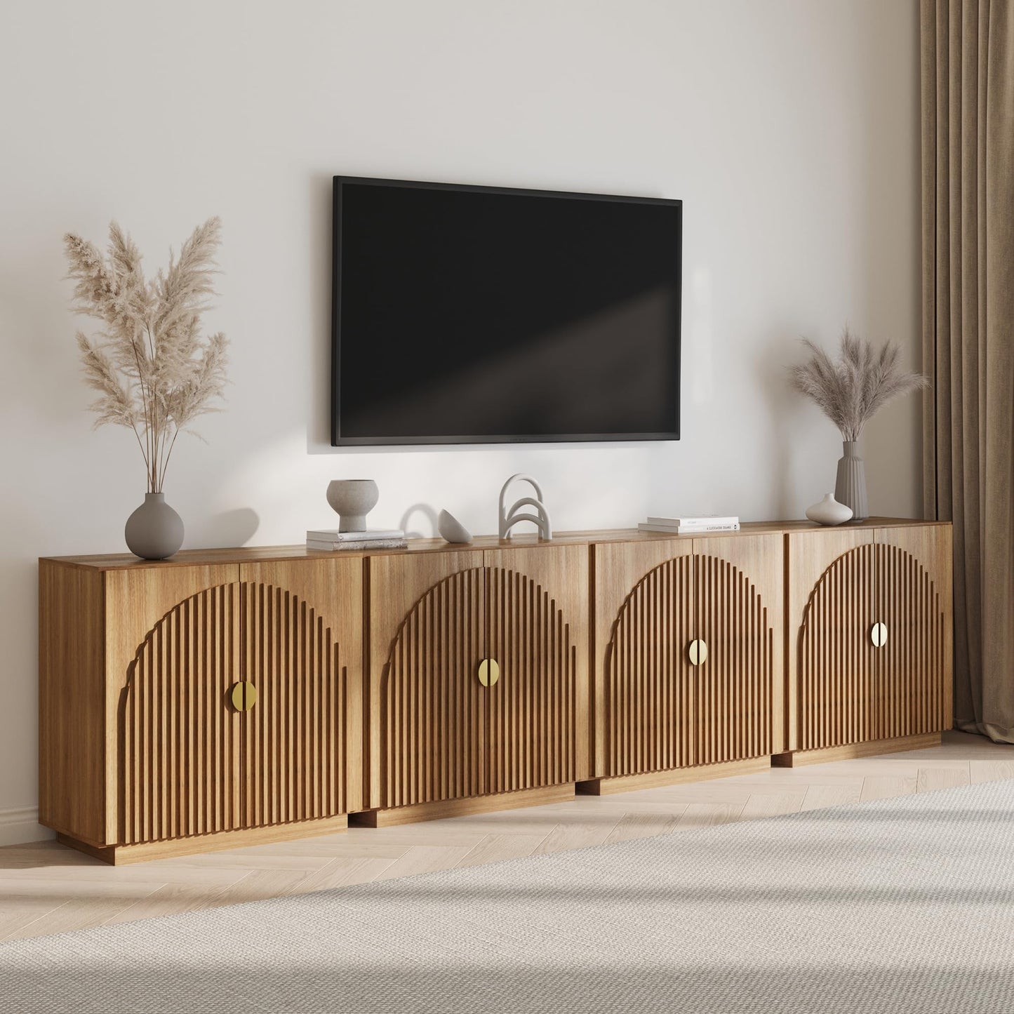 BELLEZE 3-Piece Arched TV Stand Entertainment Center with Storage, Mid Century Modern 2-Piece 72″ Tall Storage Cabinets and 65″ Fluted TV Console for Living Room (Camel)