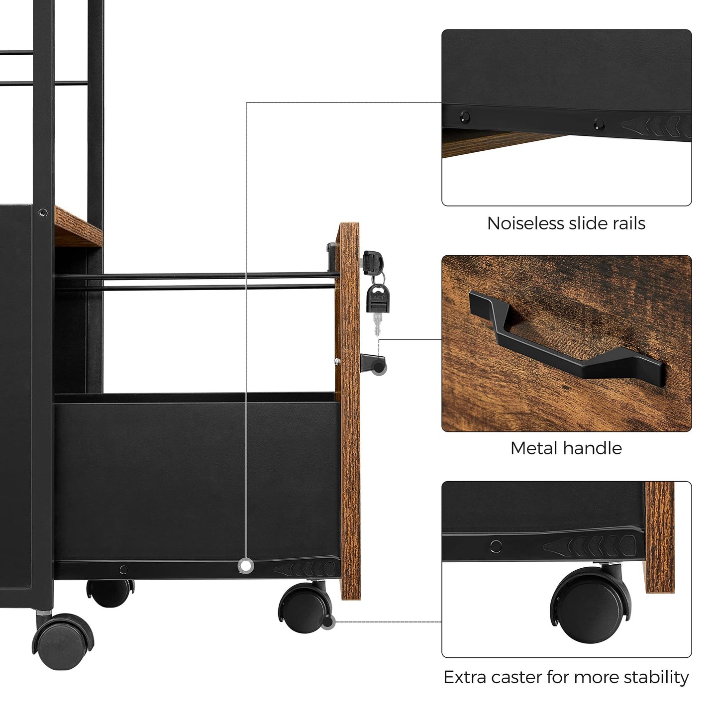 VASAGLE 3-Drawer Vertical File Cabinet, Rustic Brown and Black, for Home Office and Bedroom, A4 and Letter-Size Files, Lockable Drawers