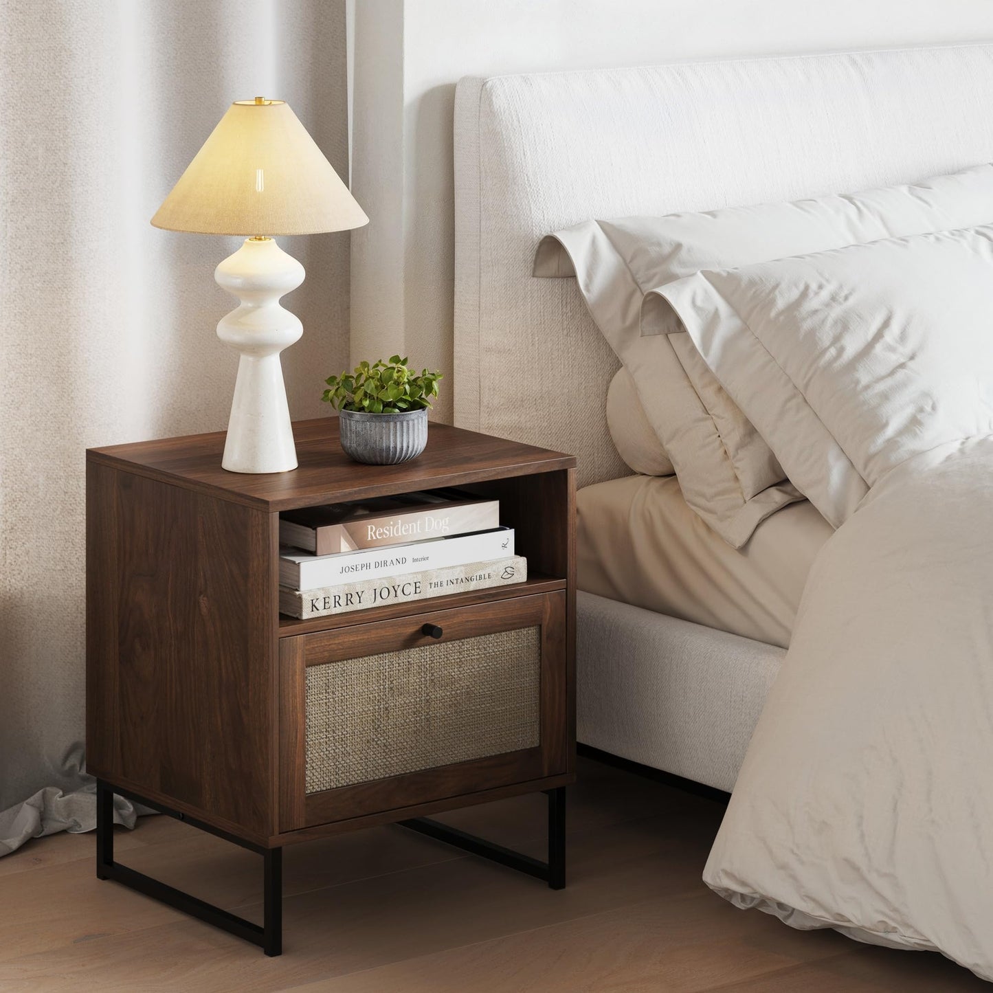 Nathan James Mina Rattan Wood End Side Accent Table Nightstand with Storage for Living Room or Bedroom, 1, Oak/Black