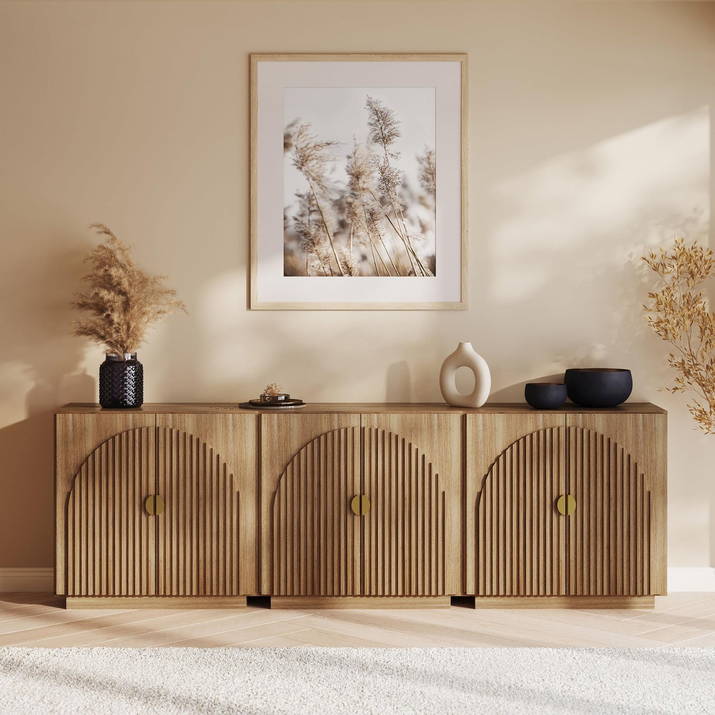 BELLEZE 3-Piece Arched TV Stand Entertainment Center with Storage, Mid Century Modern 2-Piece 72″ Tall Storage Cabinets and 65″ Fluted TV Console for Living Room (Camel)