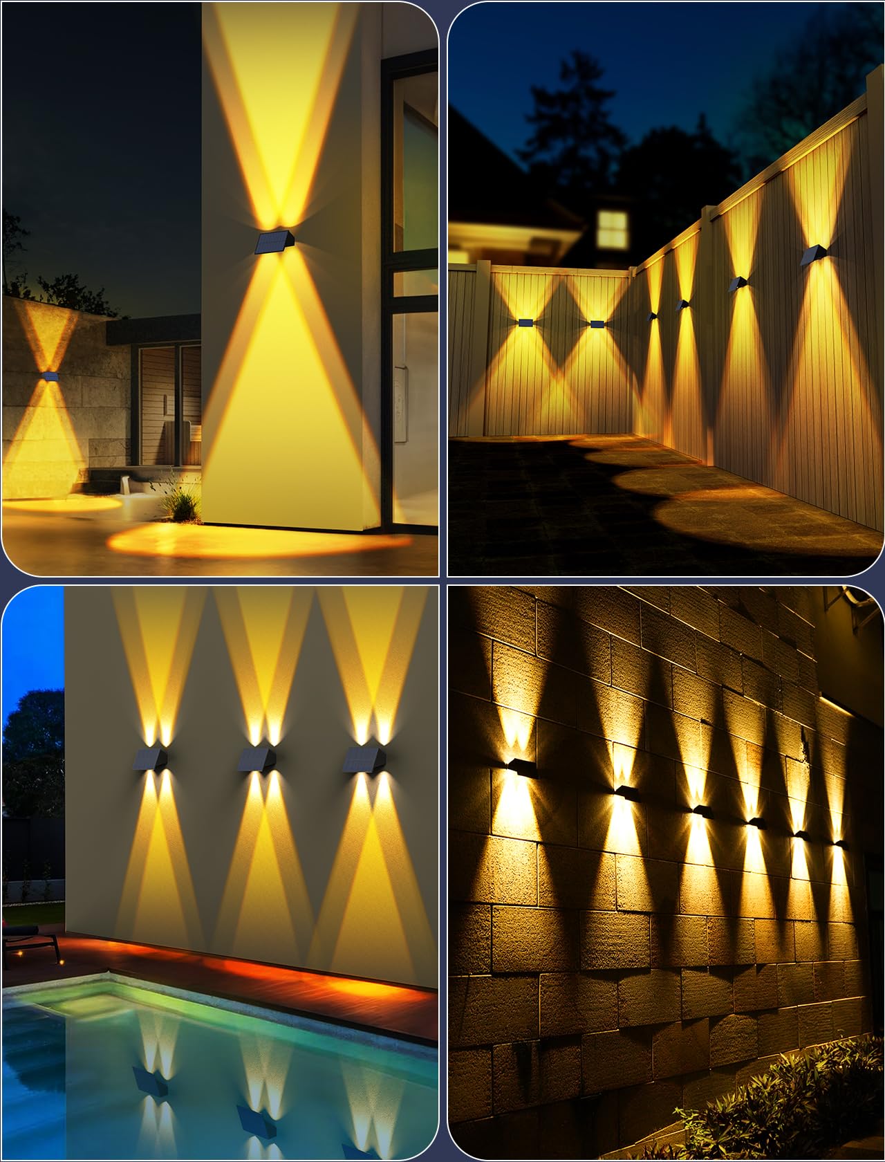 Solar Fence Lights,6Pack Solar Lights Outdoor Warm White + RGB Up & Down Waterproof 100 Lumens Dusk to Dawn Large Solar Wall Lights for Backyard/Pool/Railing/Patio/Porch/Step/Wall