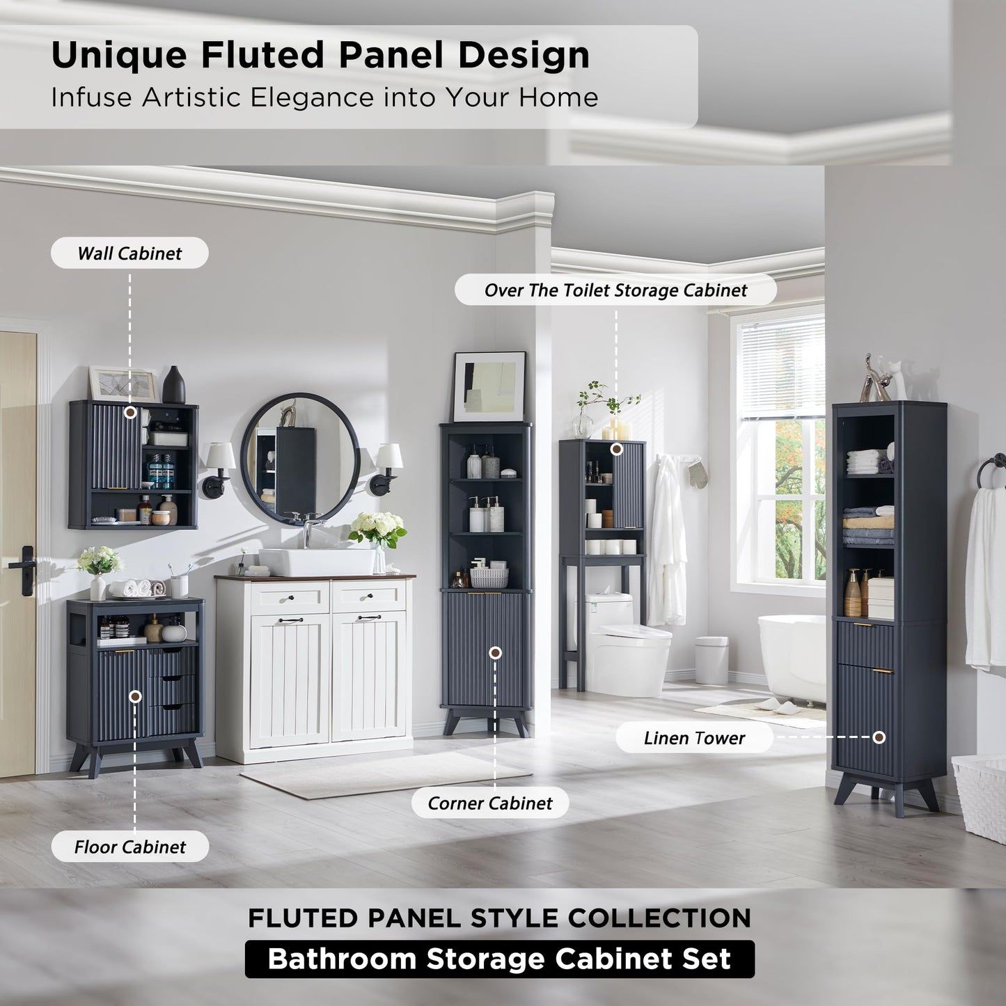 RedLemon Bathroom Wall Cabinet w/Fluted Sliding Door, Modern Medicine Cabinet w/Faux Marble Top & Adjustable Shelf, Curved Profile Wall Mounted Storage Organizer, Natural Oak Color
