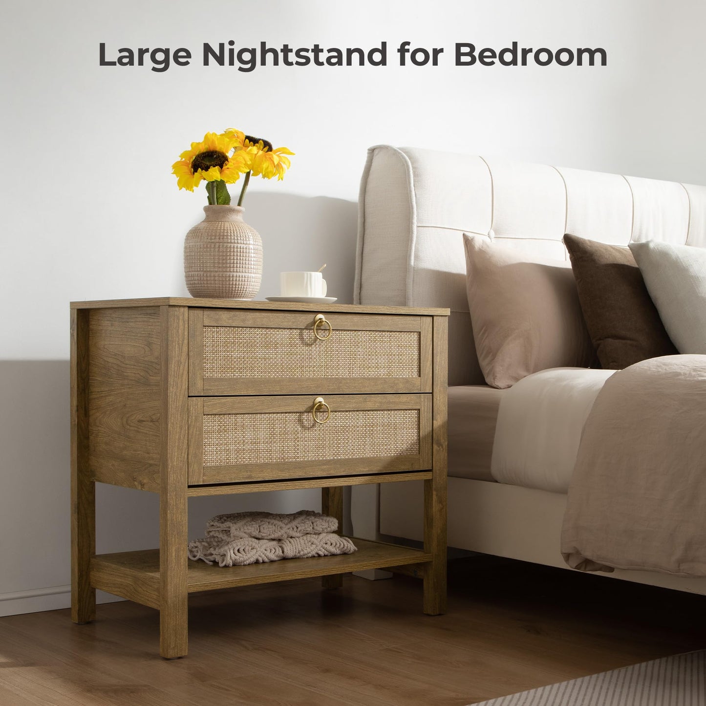 SICOTAS Night Stand Set of 2, Large Nightstand with Drawers and Storage Shelf - Rattan Boho Bedside Table Narrow Side Table for Bedroom, Small Space
