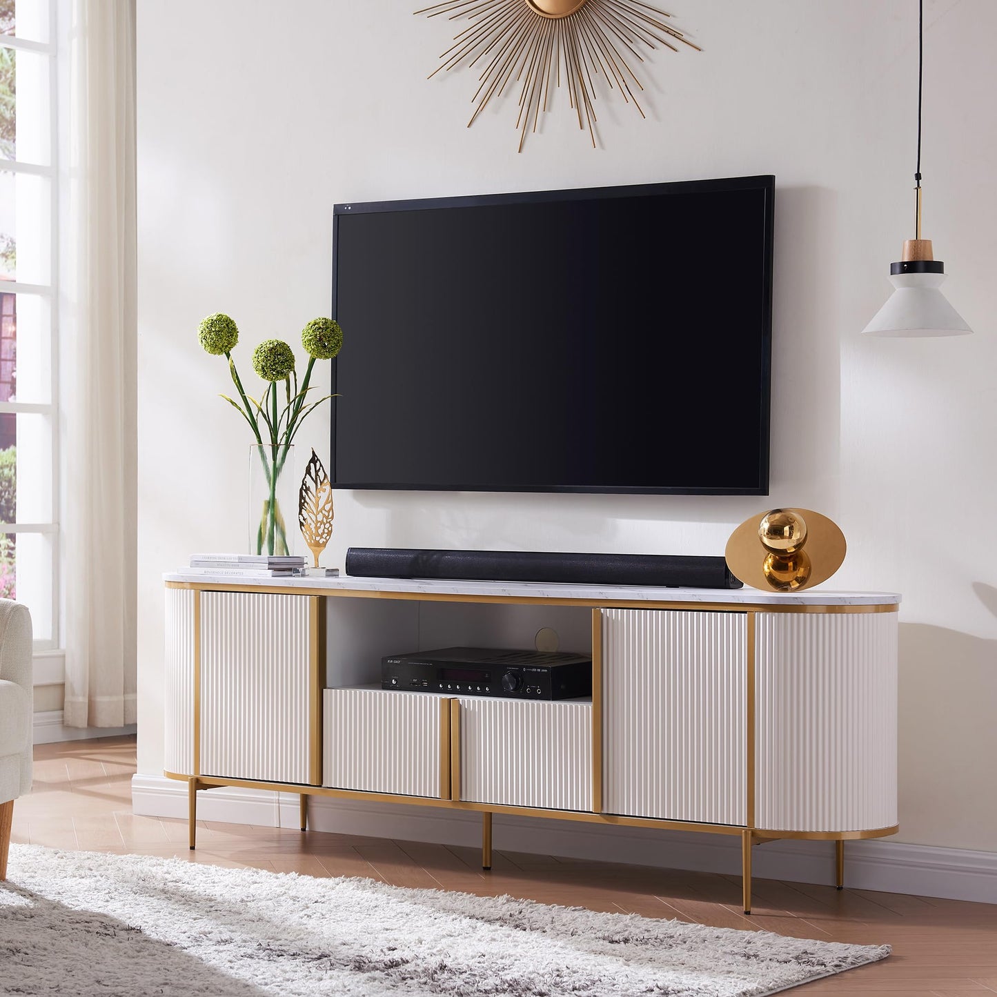 OKD Luxury 70" Fluted TV Stand, Modern Chic Entertainment Center for TVs Up to 80 inches, TV Console with Faux Marble Top, Curved Profile Design, Media Console for Living Room, Navy Blue