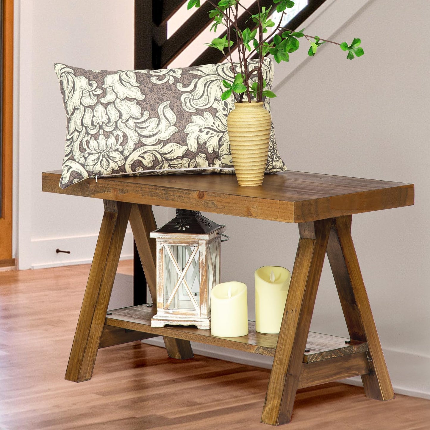 Wnutrees 43" Farmhouse Wood Bench, Long Rustic Indoor Storage Bench for Entryway, Living Room, Dining Room, Solid Wood Construction, Original Wood
