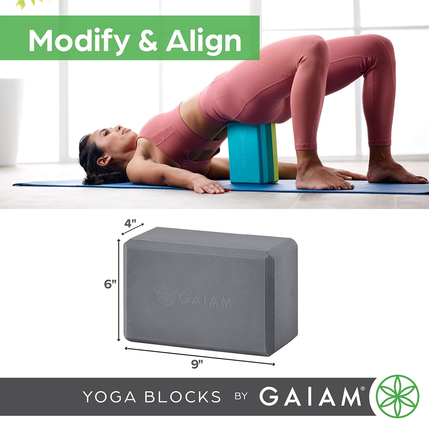 Gaiam Yoga Block - Supportive Latex-Free Eva Foam - Soft Non-Slip Surface with Beveled Edges for Yoga, Pilates, Meditation