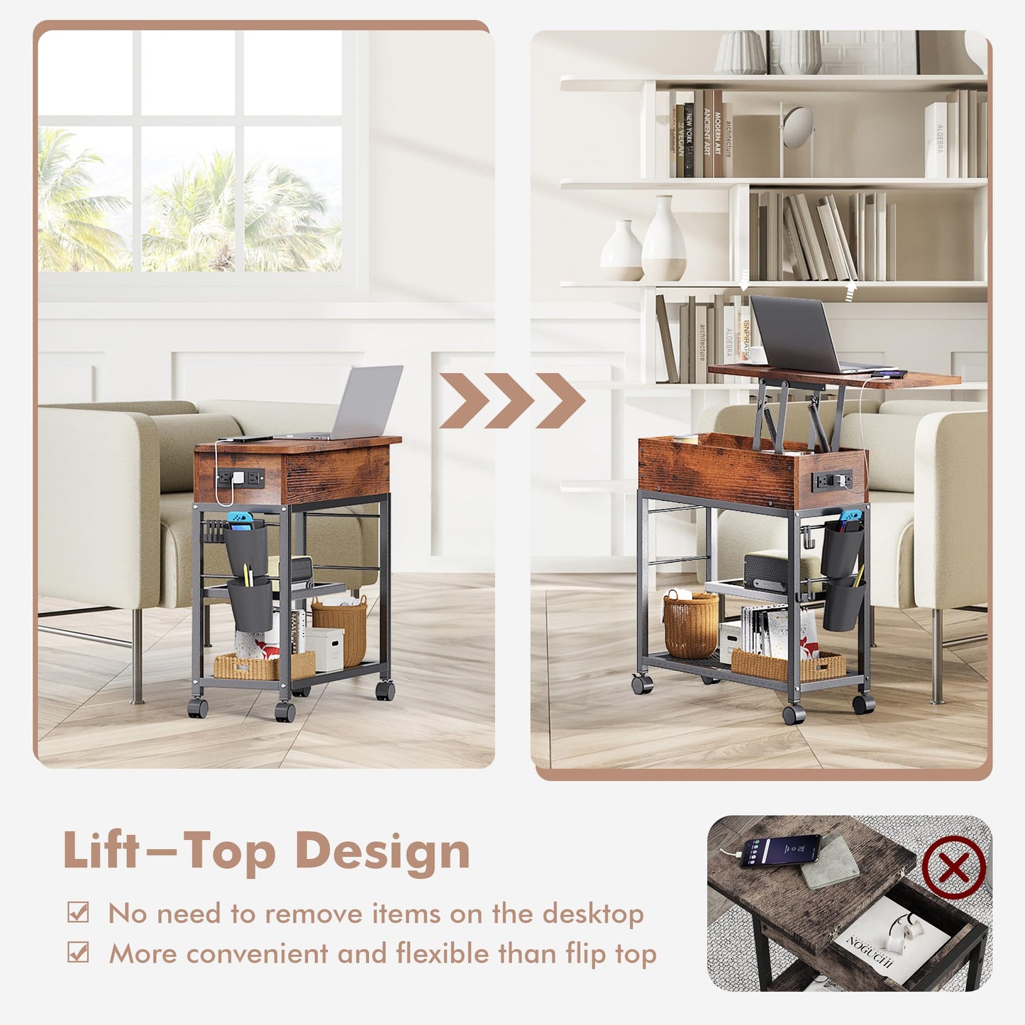Colima Lift Top End Table with Charging Station and Wheels, Sofa Side Table with USB port