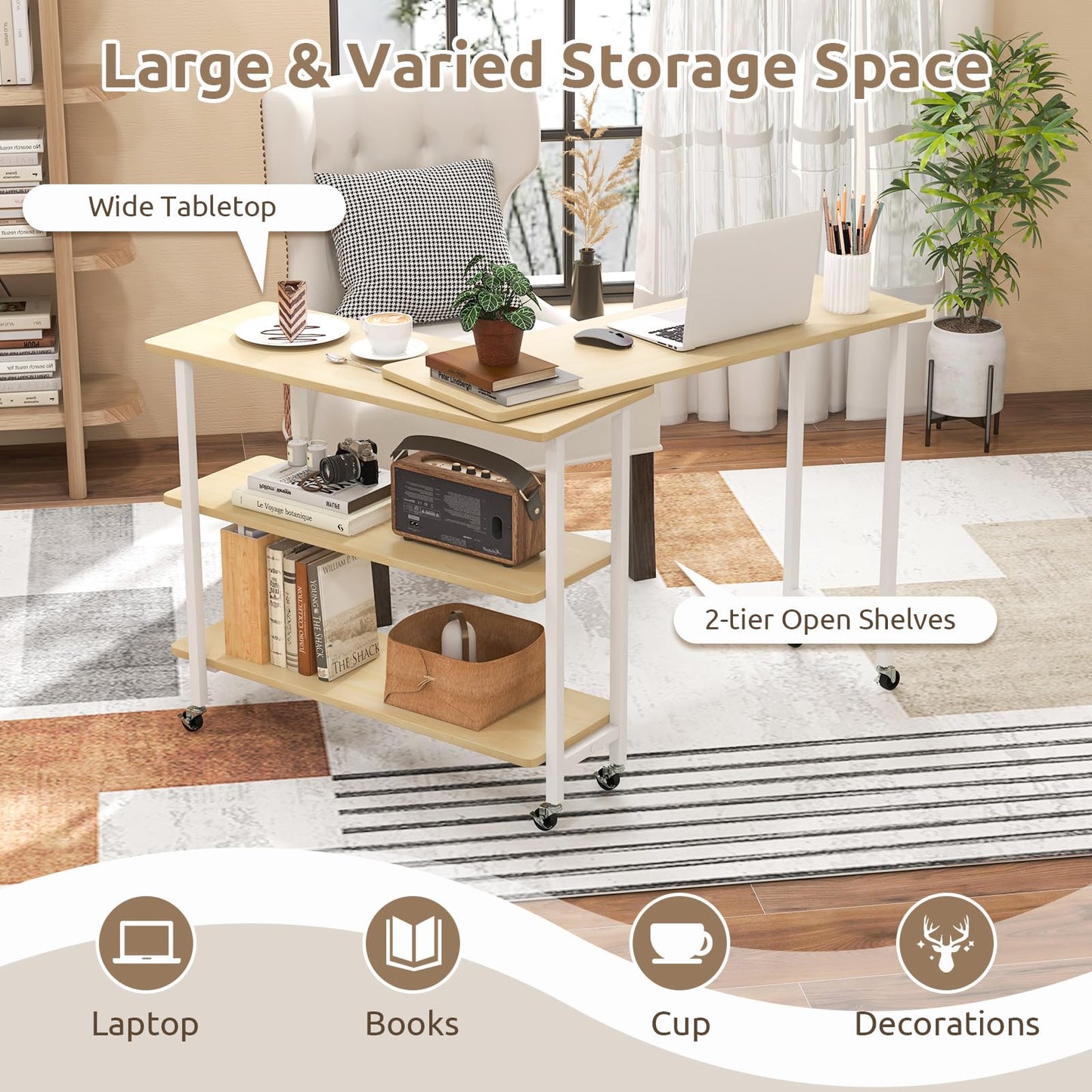 Tangkula 360° Rotating Sofa Side Table, Patented Mobile End Table with 2-Tier Storage Shelves, Swivel Rolling Desk with 6 Lockable Casters