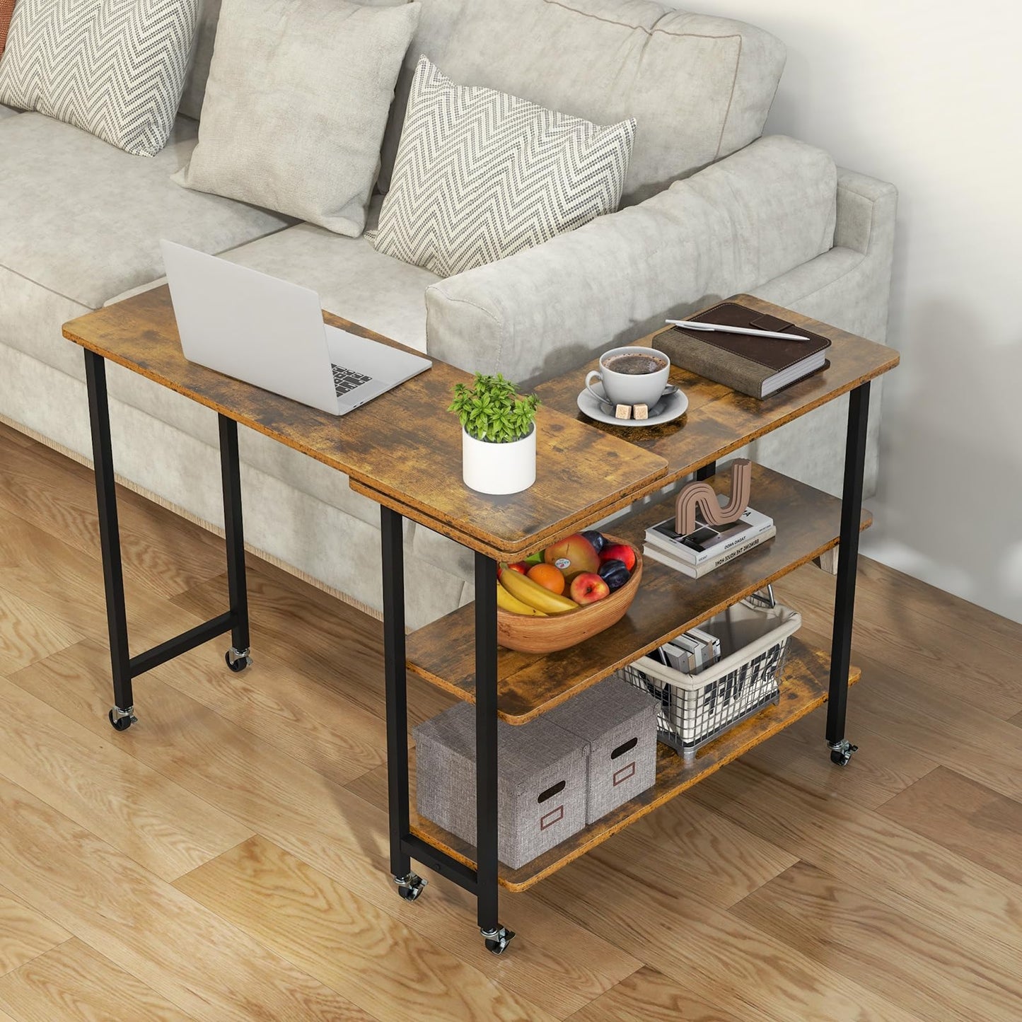 Tangkula 360° Rotating Sofa Side Table, Patented Mobile End Table with 2-Tier Storage Shelves, Swivel Rolling Desk with 6 Lockable Casters