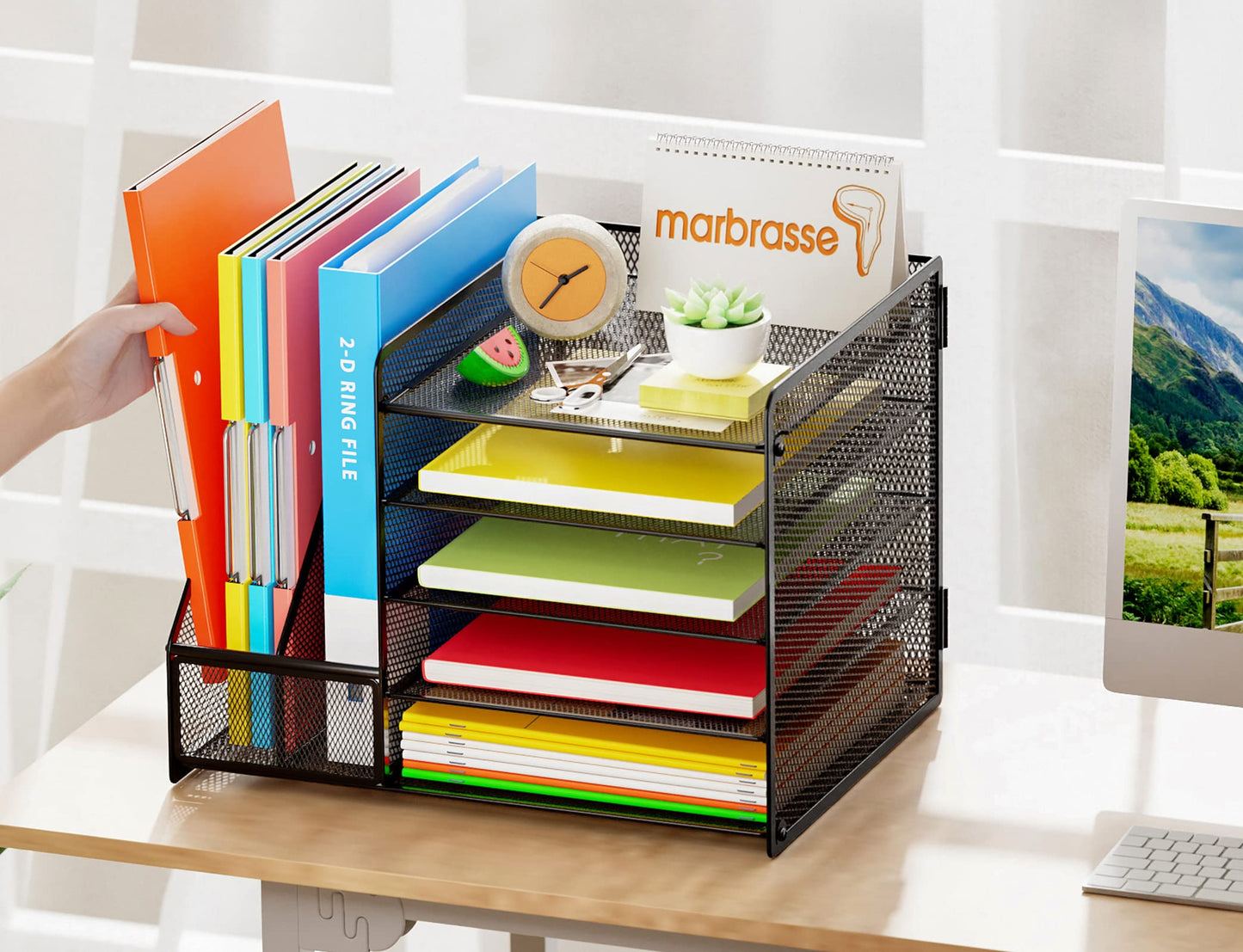 Marbrasse Desk Organizer with File Holder, 5-Tier Paper Letter Tray Organizer with Drawer and 2 Pen Holder, Mesh Desktop Organizer and Storage with Magazine Holder for Office Supplies(Black)