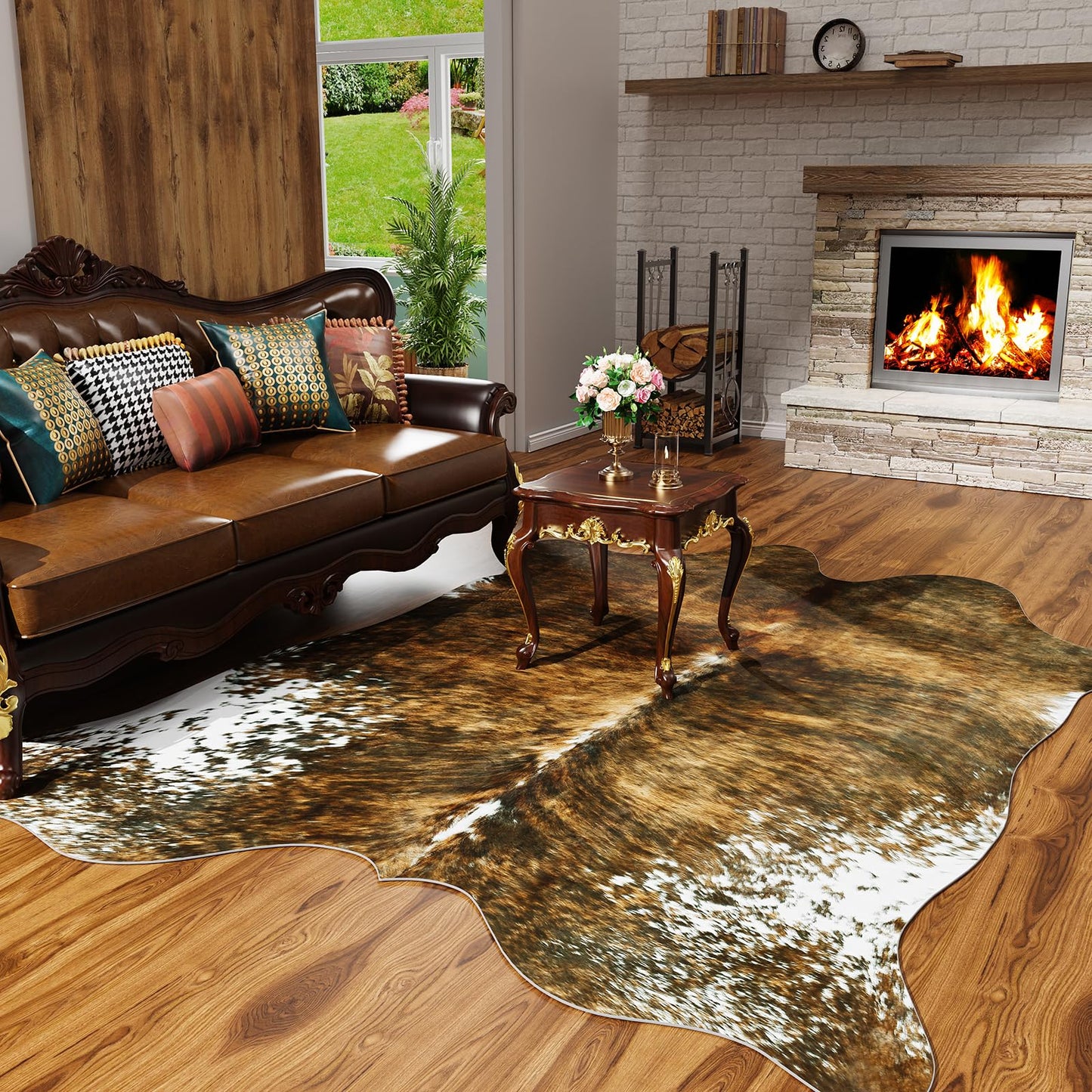 AROGAN Premium Faux Cowhide Rug 4.6 x 5.2 Feet, Sturdy and Large Size Cow Print Rugs, Suitable for Bedroom Living Room Western Decor