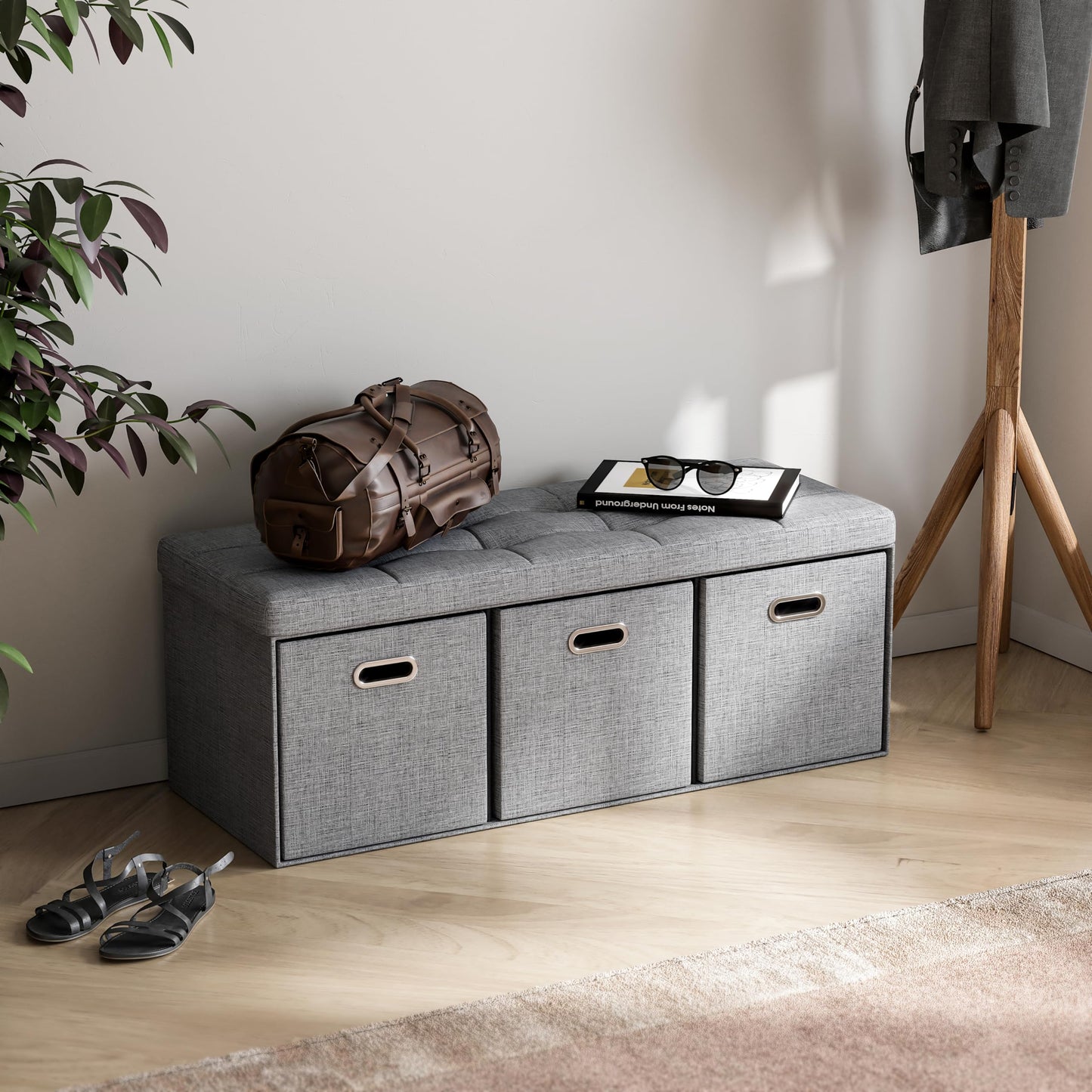 Ornavo Home Foldable Tufted Linen Large Long Bench Storage Ottoman Foot Rest Stool Seat with 3 Drawer Cubes - 15" x 40" x 15", Navy Blue