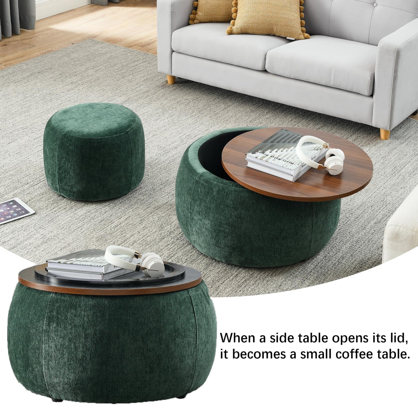 2-Piece Set Round Chenille Storage Ottoman, Equipped with a Drum Shaped Small Stool, Storage Space