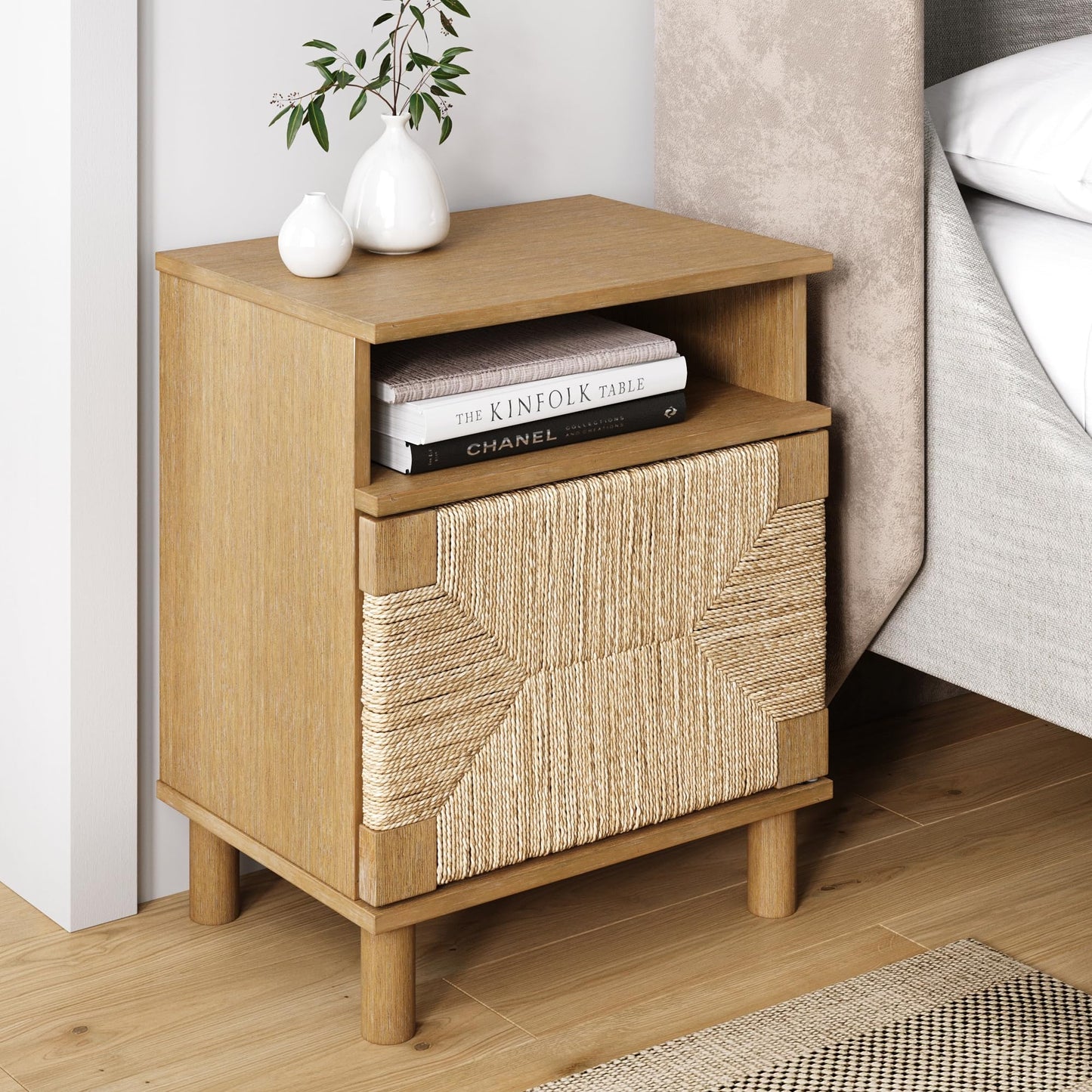 Nathan James Mina Rattan Wood End Side Accent Table Nightstand with Storage for Living Room or Bedroom, 1, Oak/Black