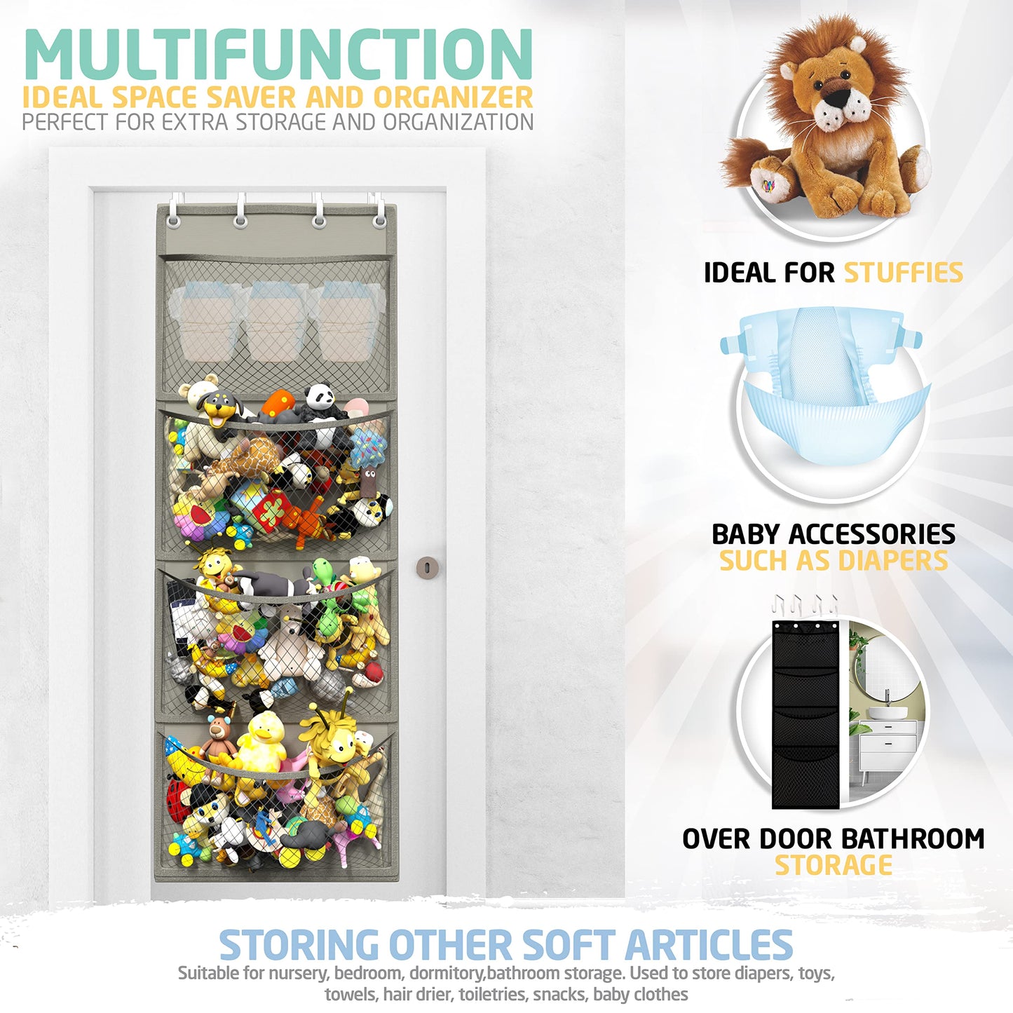 The Original Stuffed Animal Storage (Patent Pending) - Over Door Organizer for Stuffies, Baby Ideas Holder, Toy Plush/Hammock Hanging Storage Net Big Girls Toddler Large Bag Animals