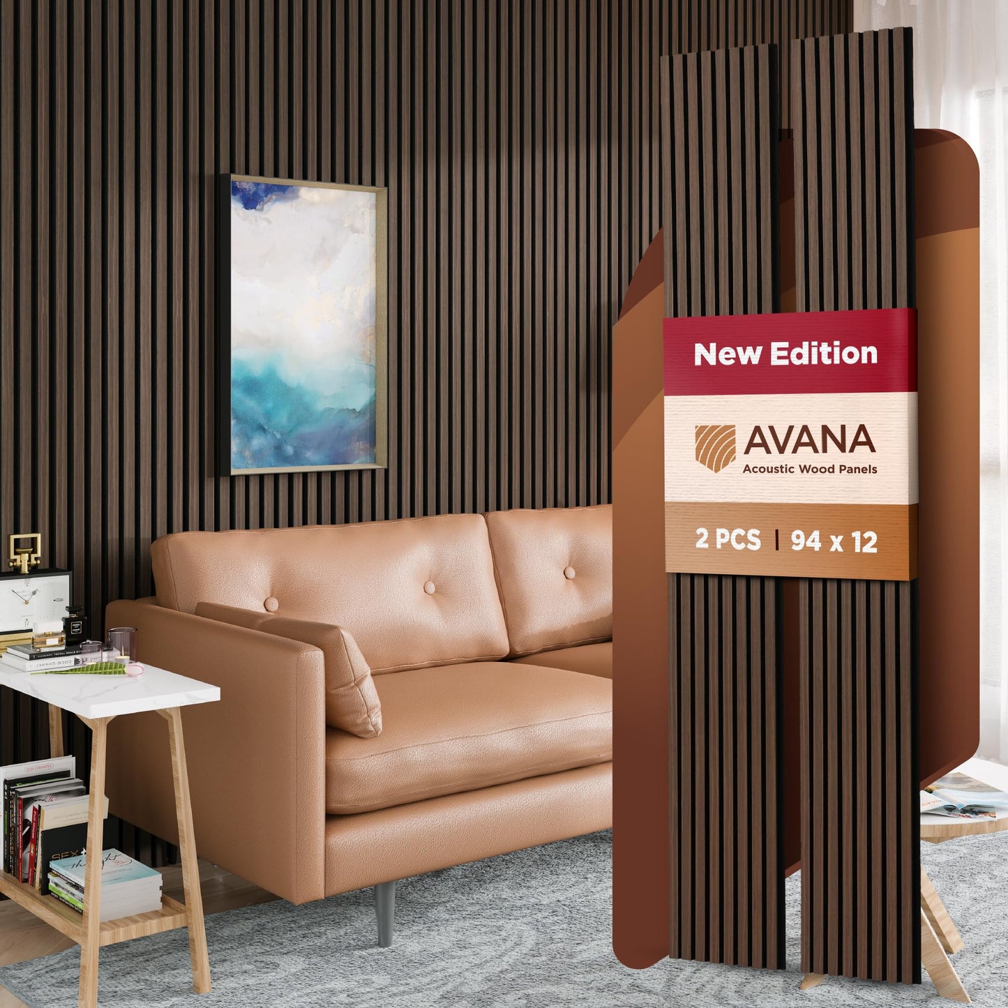 Avana Acoustic Wood Wall Panels – 94.4 x 12.6 Inch Dark Walnut Acoustic Panels 4 PCs – Wall Panels For Interior Wall Decor for Homes, Offices