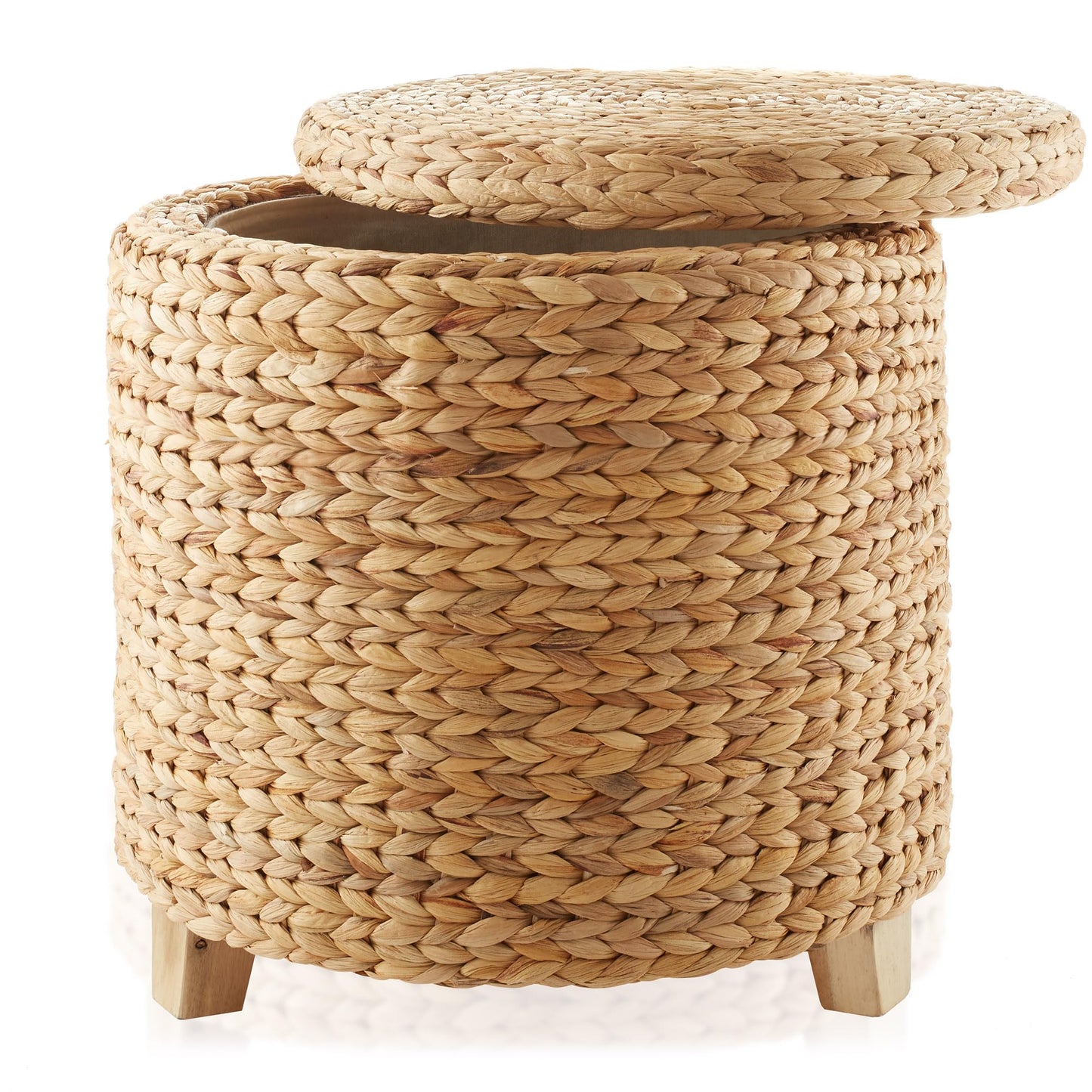 Round Storage Ottoman with Lid - Whitewash, Handwoven Water Hyacinth Footstool for Living Room, Bedroom