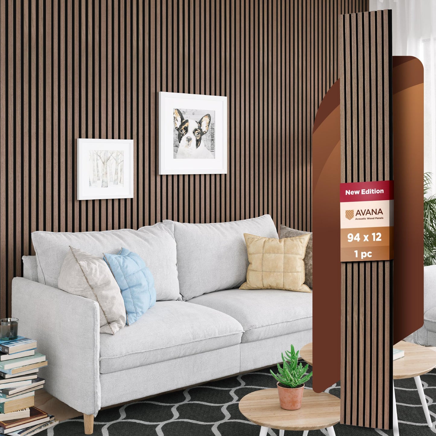 Avana Acoustic Wood Wall Panels – 94.4 x 12.6 Inch Dark Walnut Acoustic Panels 4 PCs – Wall Panels For Interior Wall Decor for Homes, Offices