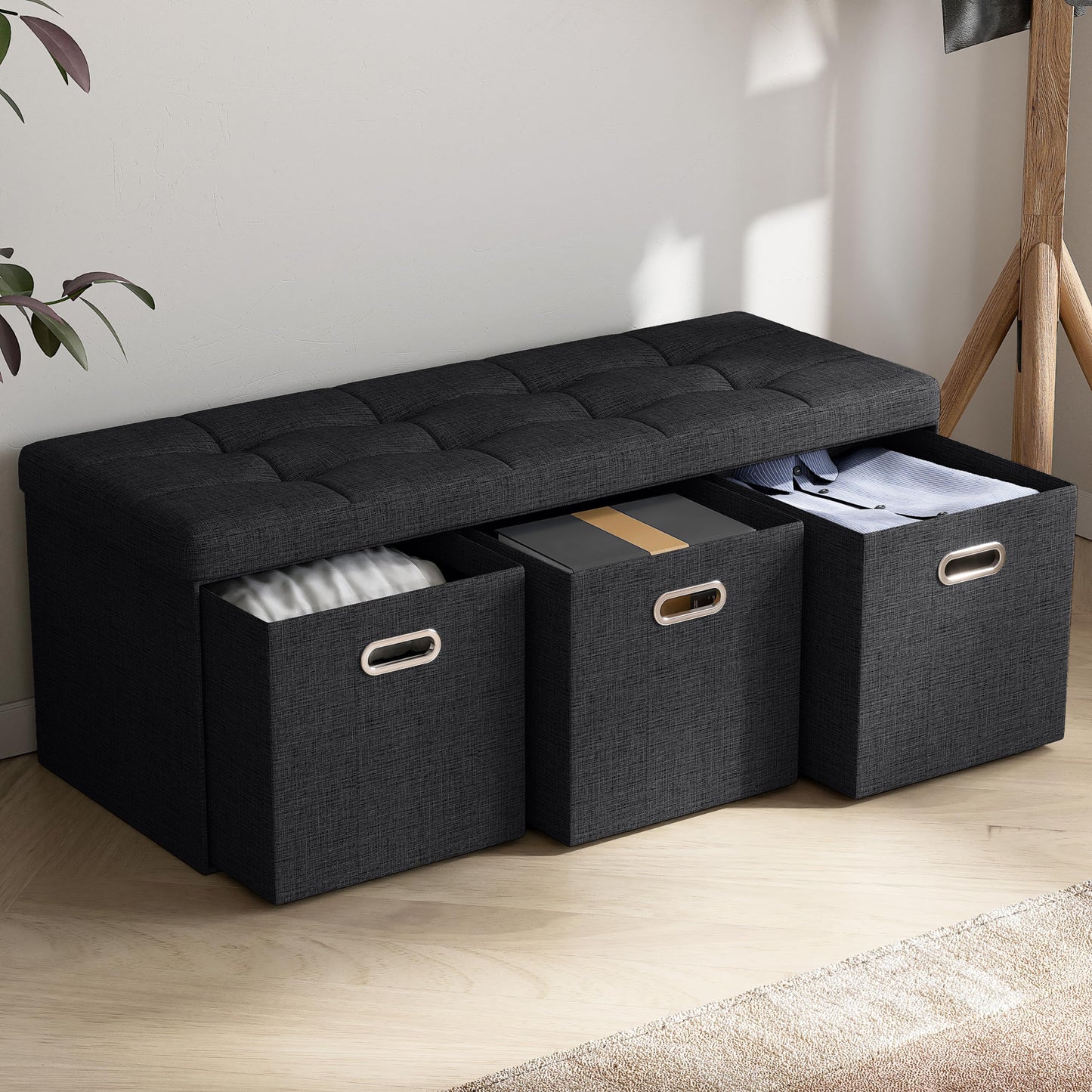 Ornavo Home Foldable Tufted Linen Large Long Bench Storage Ottoman Foot Rest Stool Seat with 3 Drawer Cubes - 15" x 40" x 15", Navy Blue