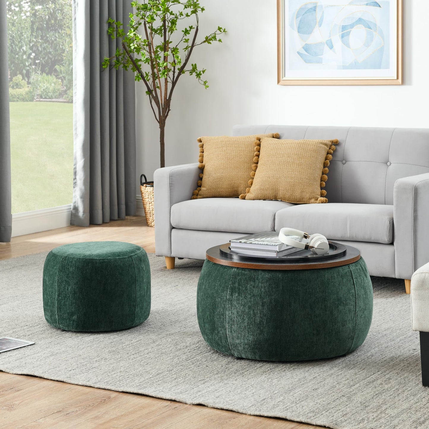 2-Piece Set Round Chenille Storage Ottoman, Equipped with a Drum Shaped Small Stool, Storage Space