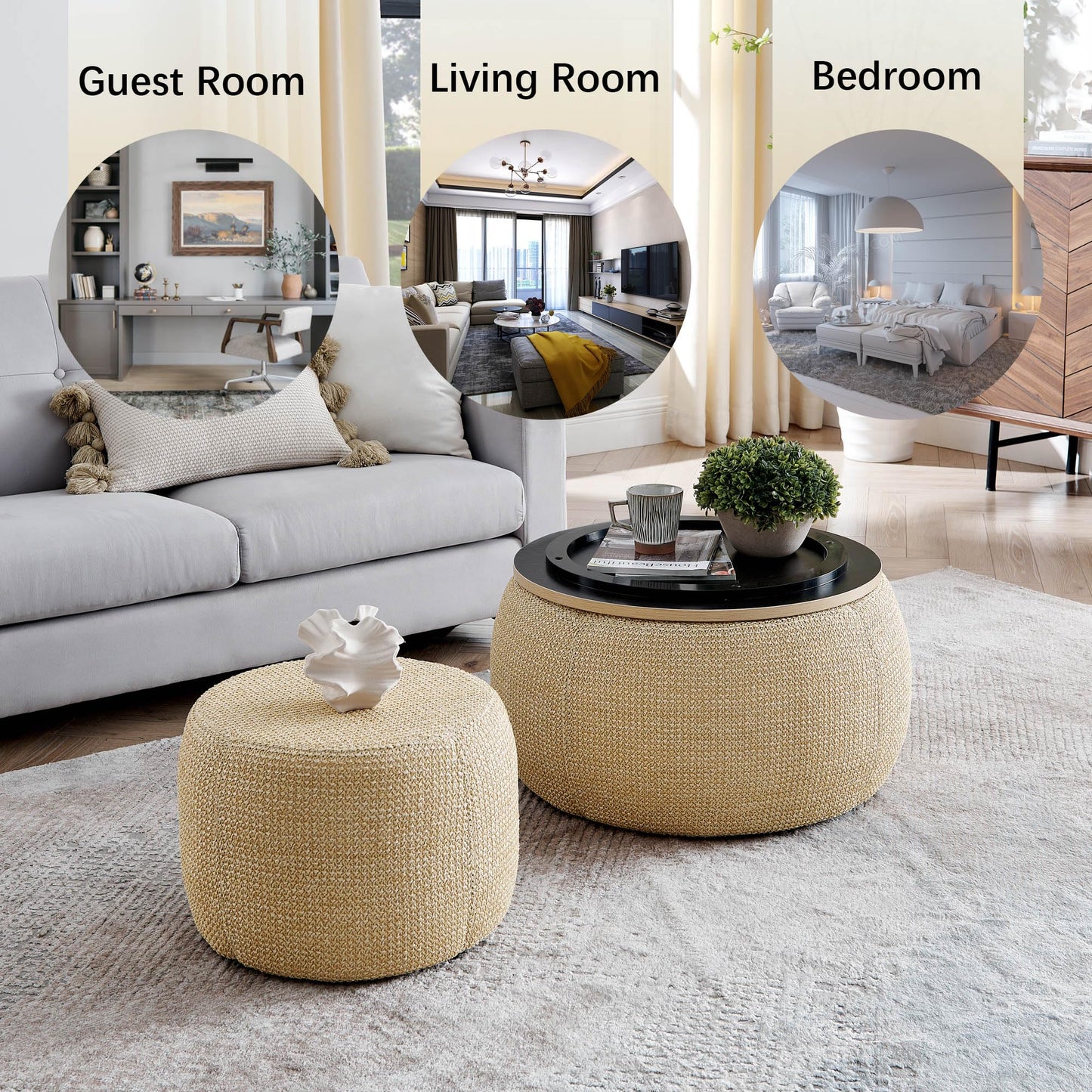 2-Piece Set Round Chenille Storage Ottoman, Equipped with a Drum Shaped Small Stool, Storage Space