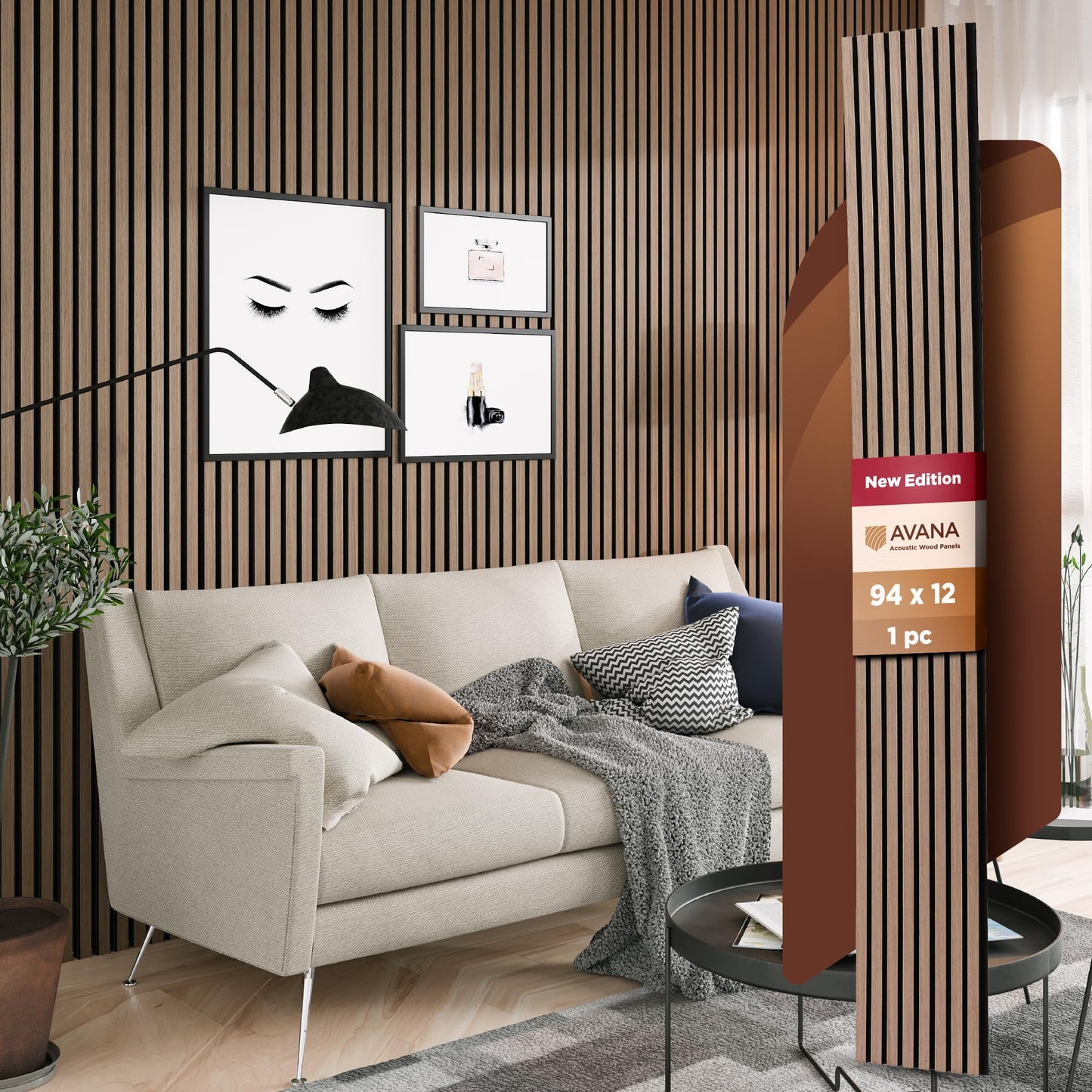 Avana Acoustic Wood Wall Panels – 94.4 x 12.6 Inch Dark Walnut Acoustic Panels 4 PCs – Wall Panels For Interior Wall Decor for Homes, Offices