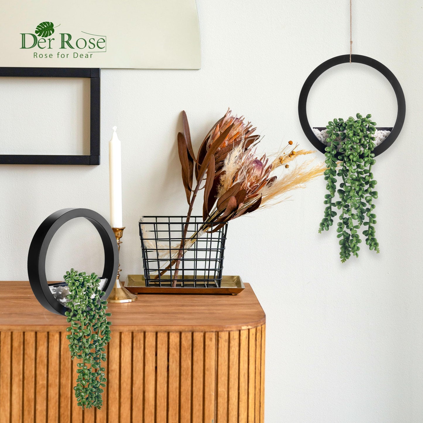 Der Rose 2 Pack Fake Plants Hanging Artificial Succulents Plants in Black Pots