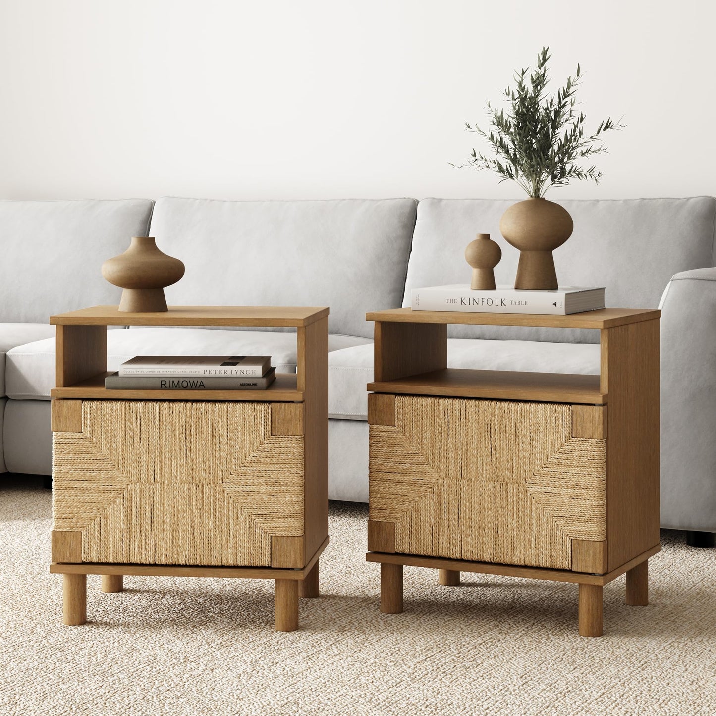 Nathan James Mina Rattan Wood End Side Accent Table Nightstand with Storage for Living Room or Bedroom, 1, Oak/Black