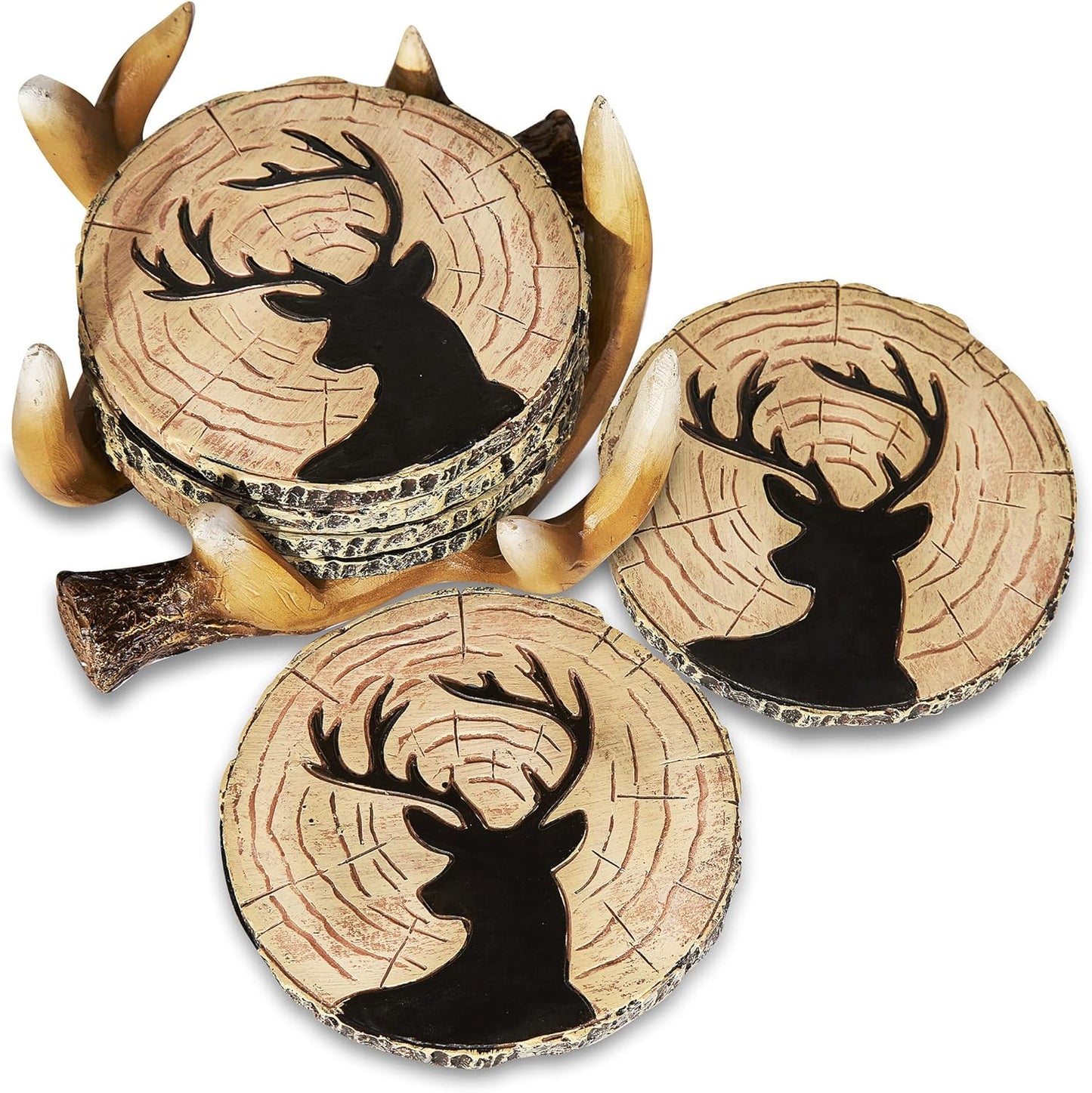 Bear Coasters Set of 6 Full Size Rustic Coasters in Handmade Canoe with Adorable Black Bear Figurines | Black Bear Log Cabin Decorations