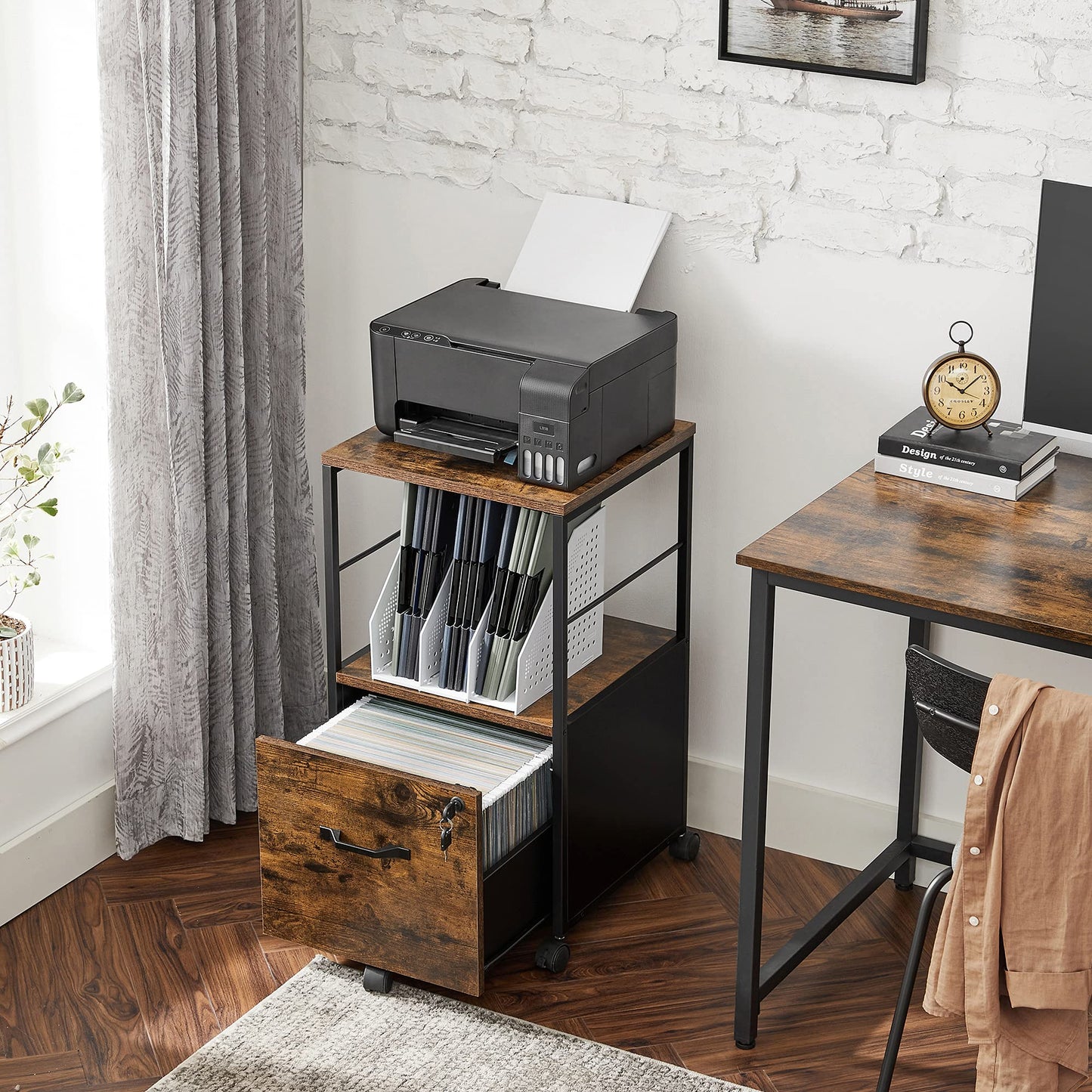 VASAGLE 3-Drawer Vertical File Cabinet, Rustic Brown and Black, for Home Office and Bedroom, A4 and Letter-Size Files, Lockable Drawers