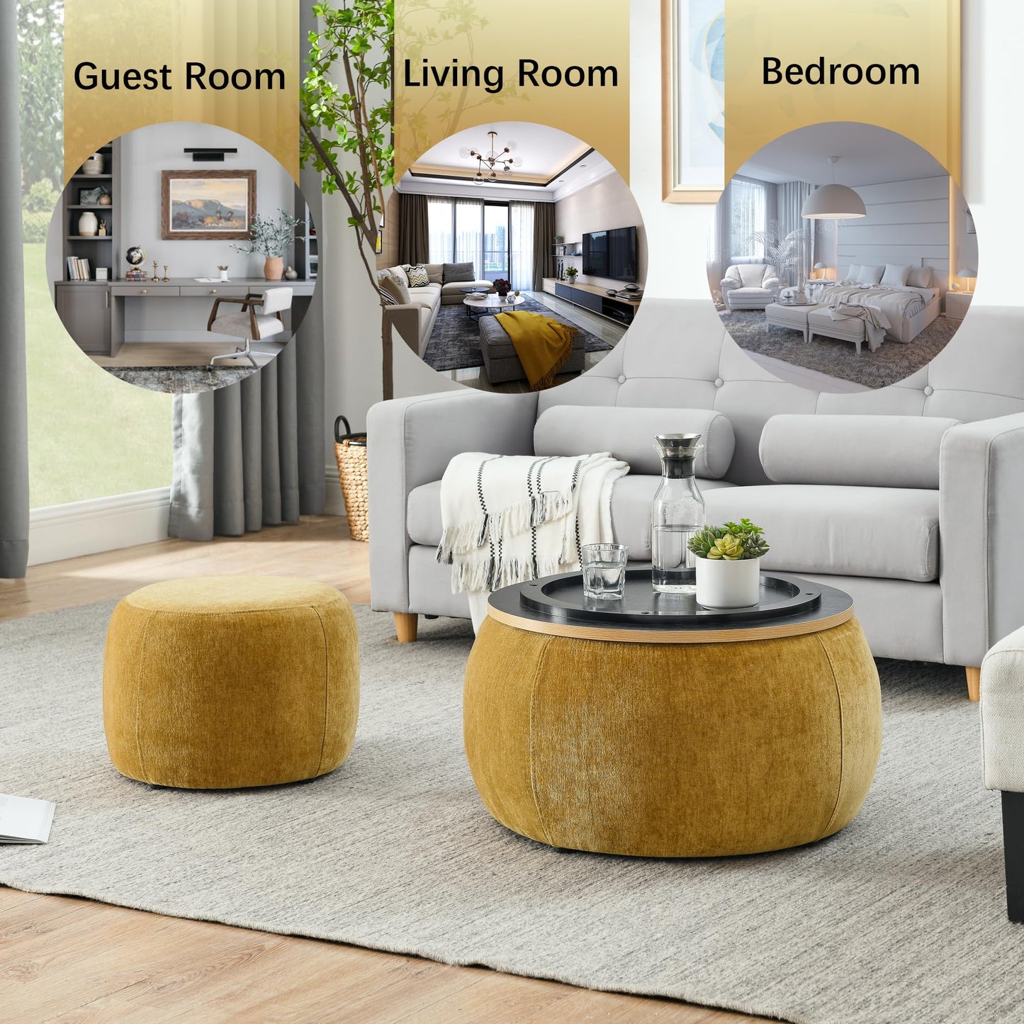 2-Piece Set Round Chenille Storage Ottoman, Equipped with a Drum Shaped Small Stool, Storage Space