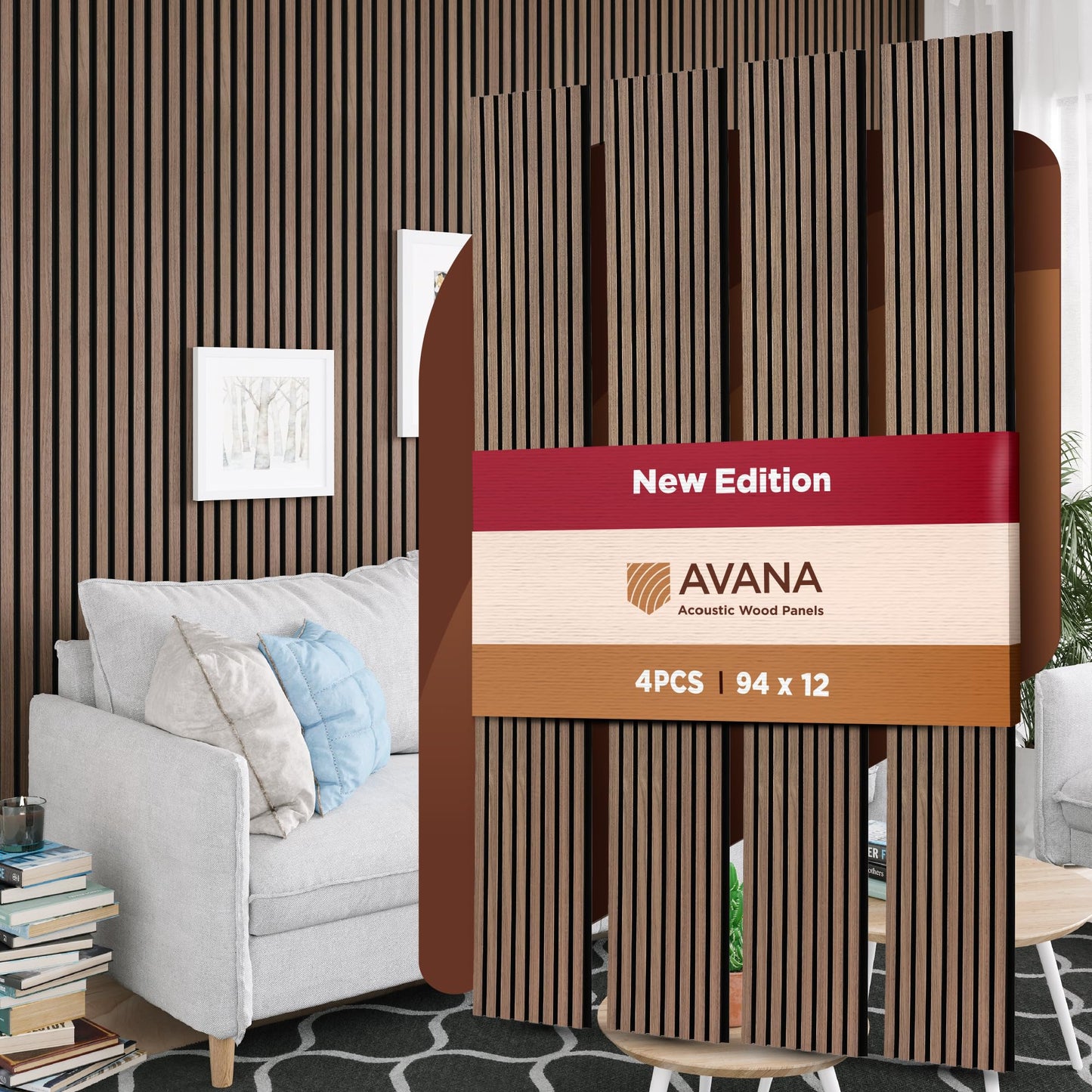 Avana Acoustic Wood Wall Panels – 94.4 x 12.6 Inch Dark Walnut Acoustic Panels 4 PCs – Wall Panels For Interior Wall Decor for Homes, Offices