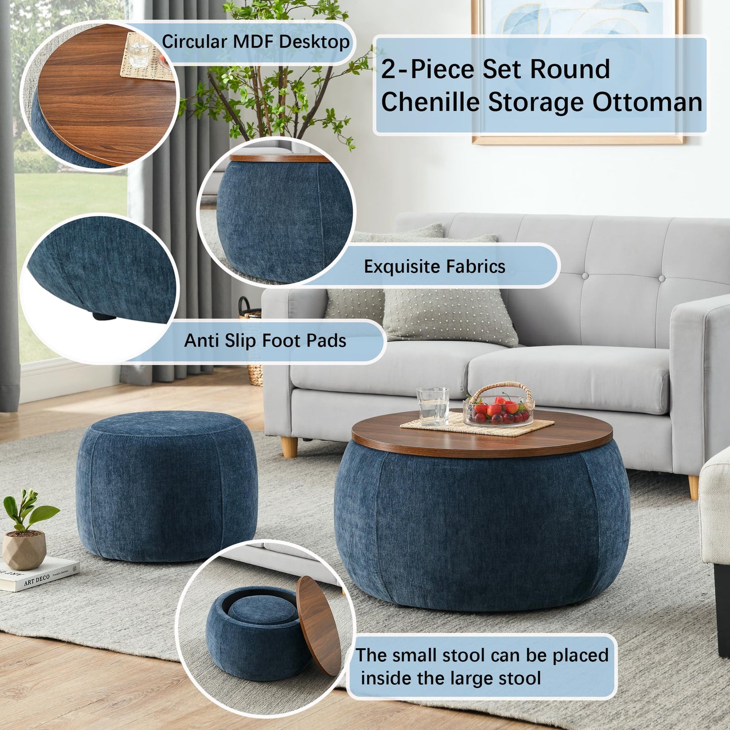 2-Piece Set Round Chenille Storage Ottoman, Equipped with a Drum Shaped Small Stool, Storage Space