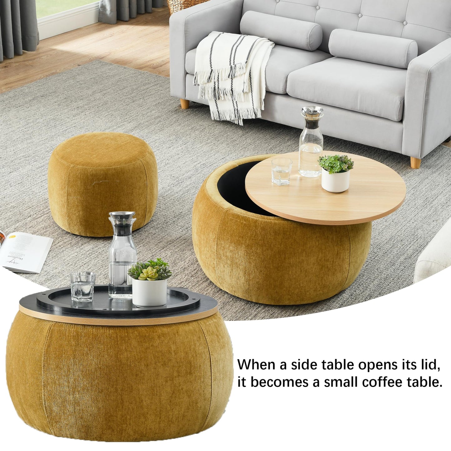 2-Piece Set Round Chenille Storage Ottoman, Equipped with a Drum Shaped Small Stool, Storage Space