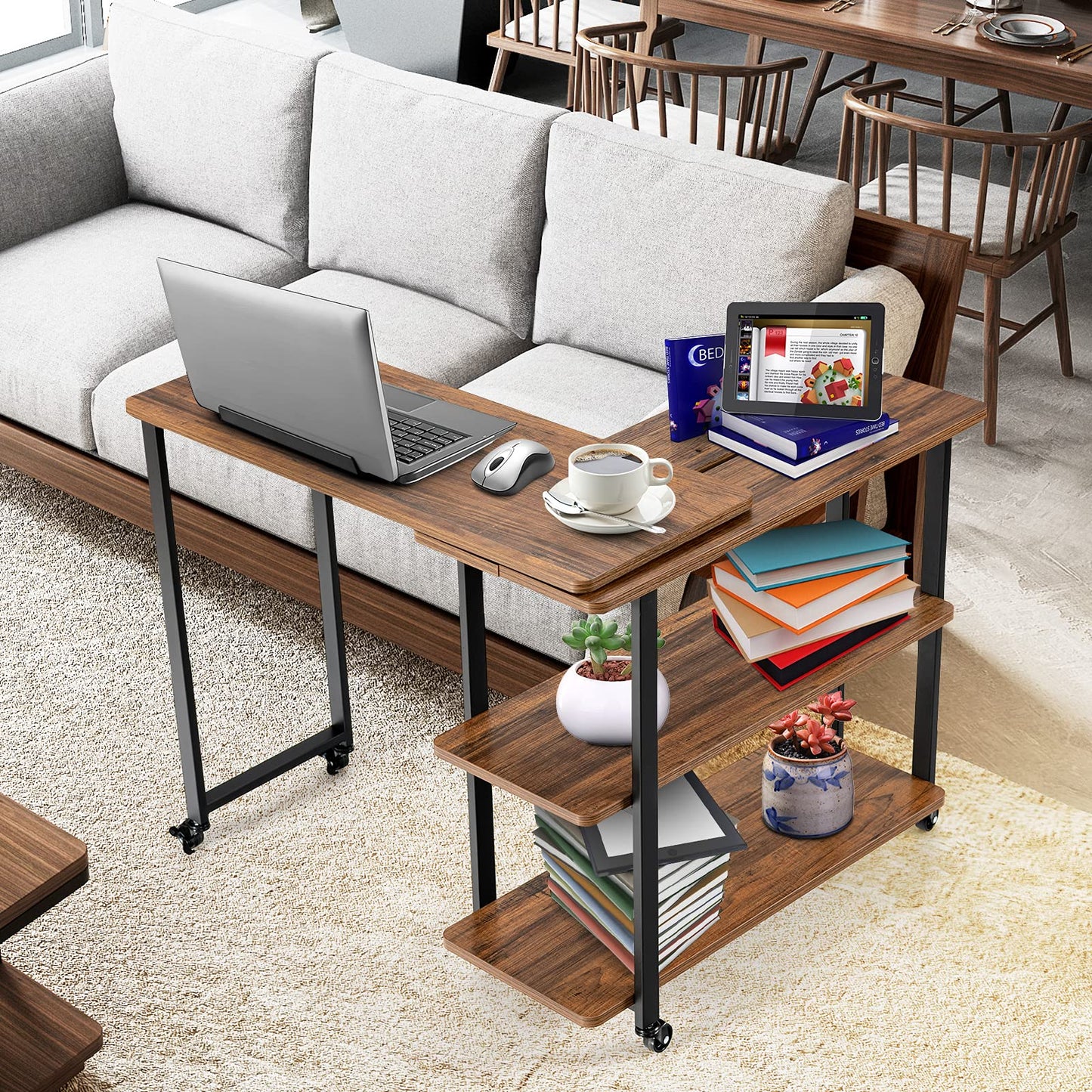 Tangkula 360° Rotating Sofa Side Table, Patented Mobile End Table with 2-Tier Storage Shelves, Swivel Rolling Desk with 6 Lockable Casters