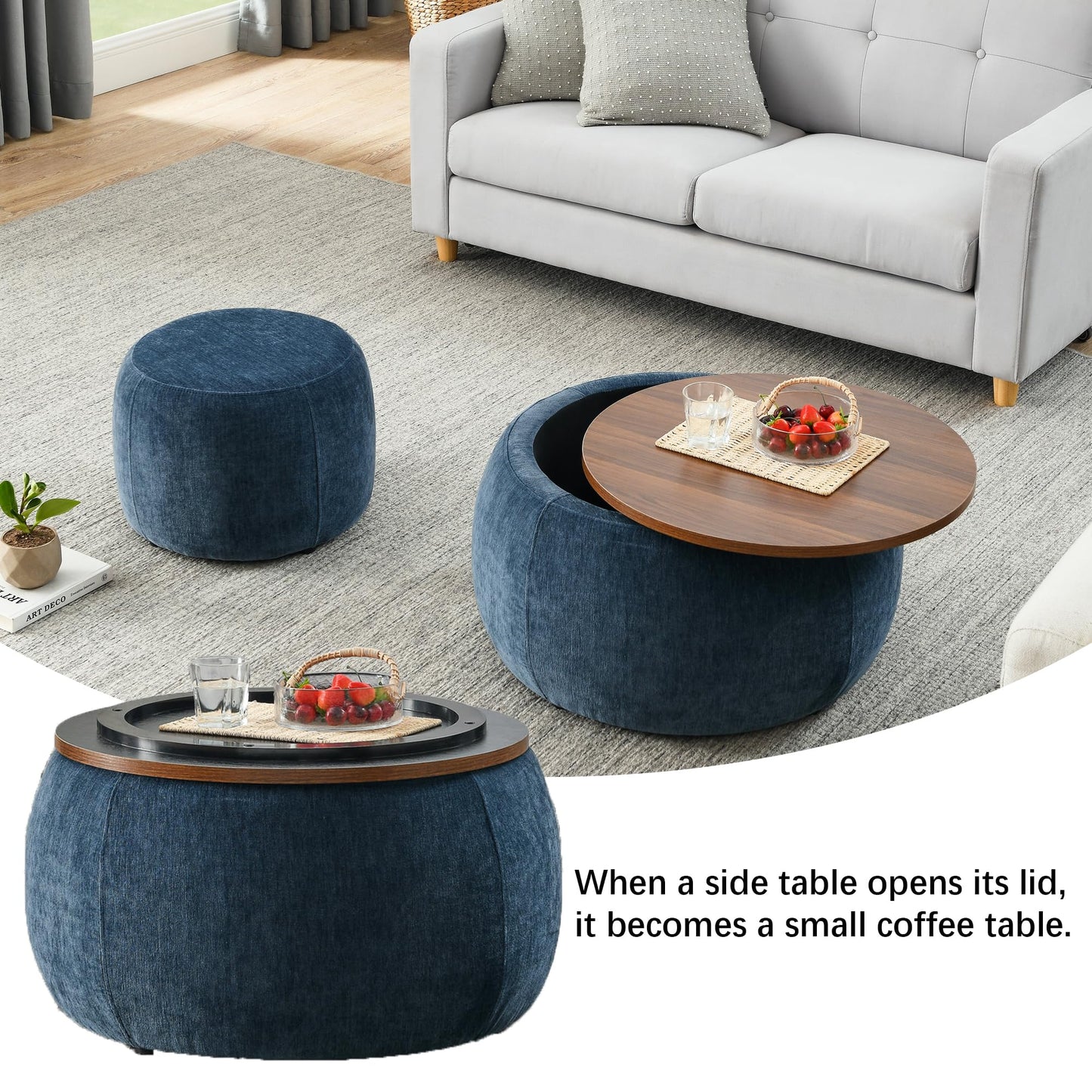2-Piece Set Round Chenille Storage Ottoman, Equipped with a Drum Shaped Small Stool, Storage Space
