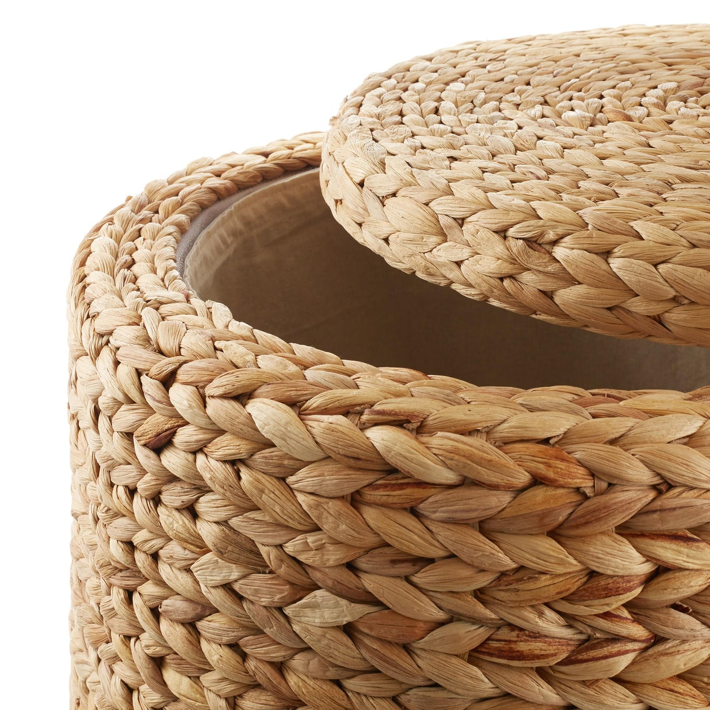 Round Storage Ottoman with Lid - Whitewash, Handwoven Water Hyacinth Footstool for Living Room, Bedroom
