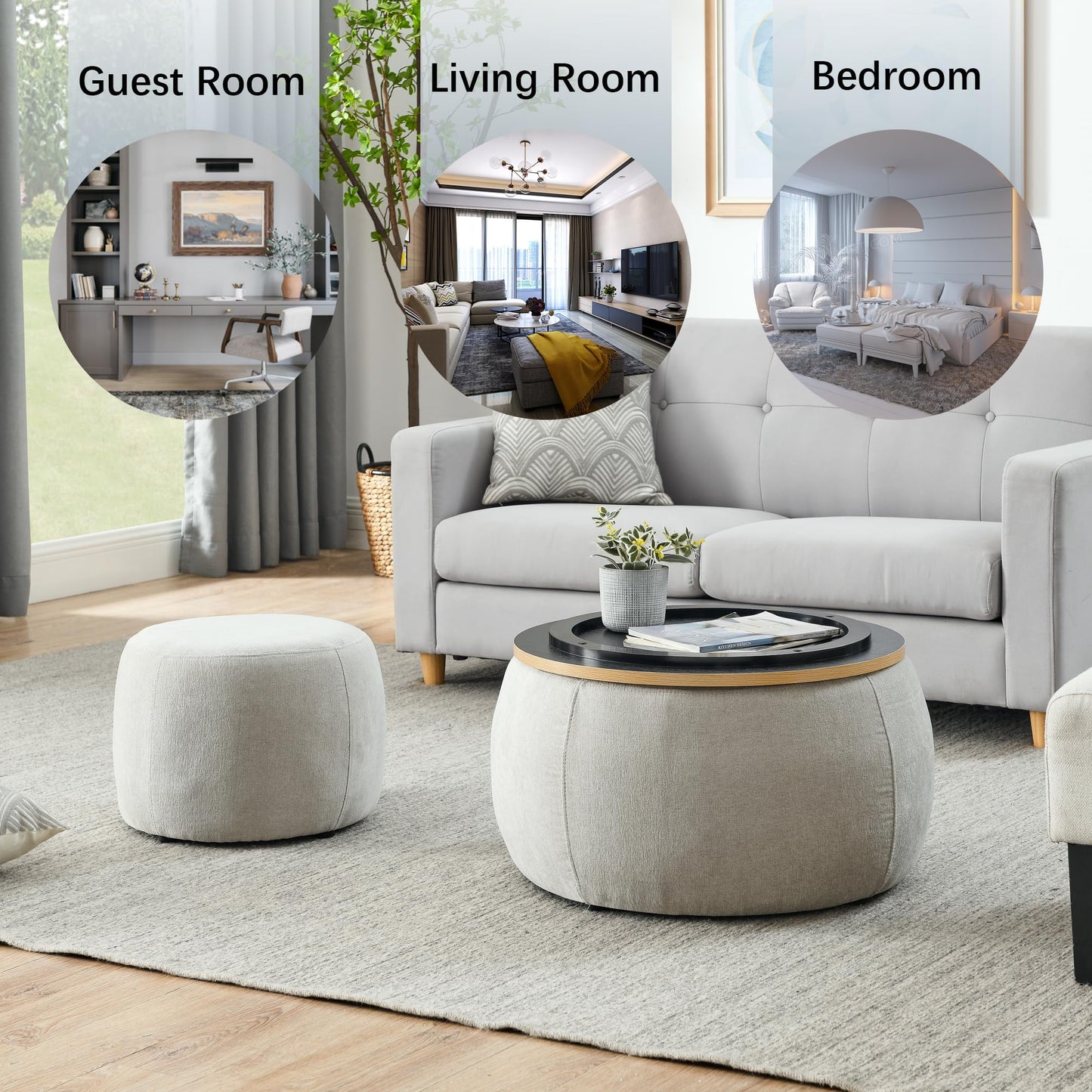 2-Piece Set Round Chenille Storage Ottoman, Equipped with a Drum Shaped Small Stool, Storage Space