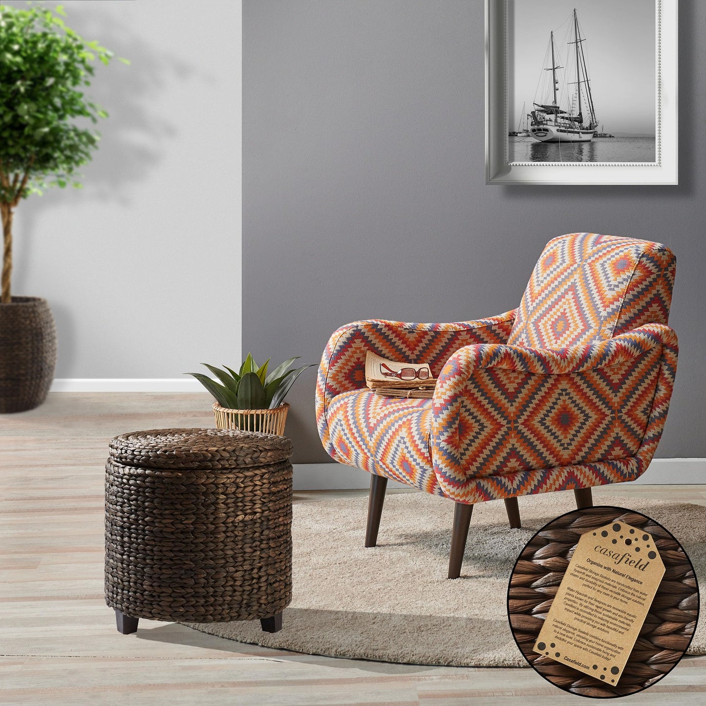 Round Storage Ottoman with Lid - Whitewash, Handwoven Water Hyacinth Footstool for Living Room, Bedroom