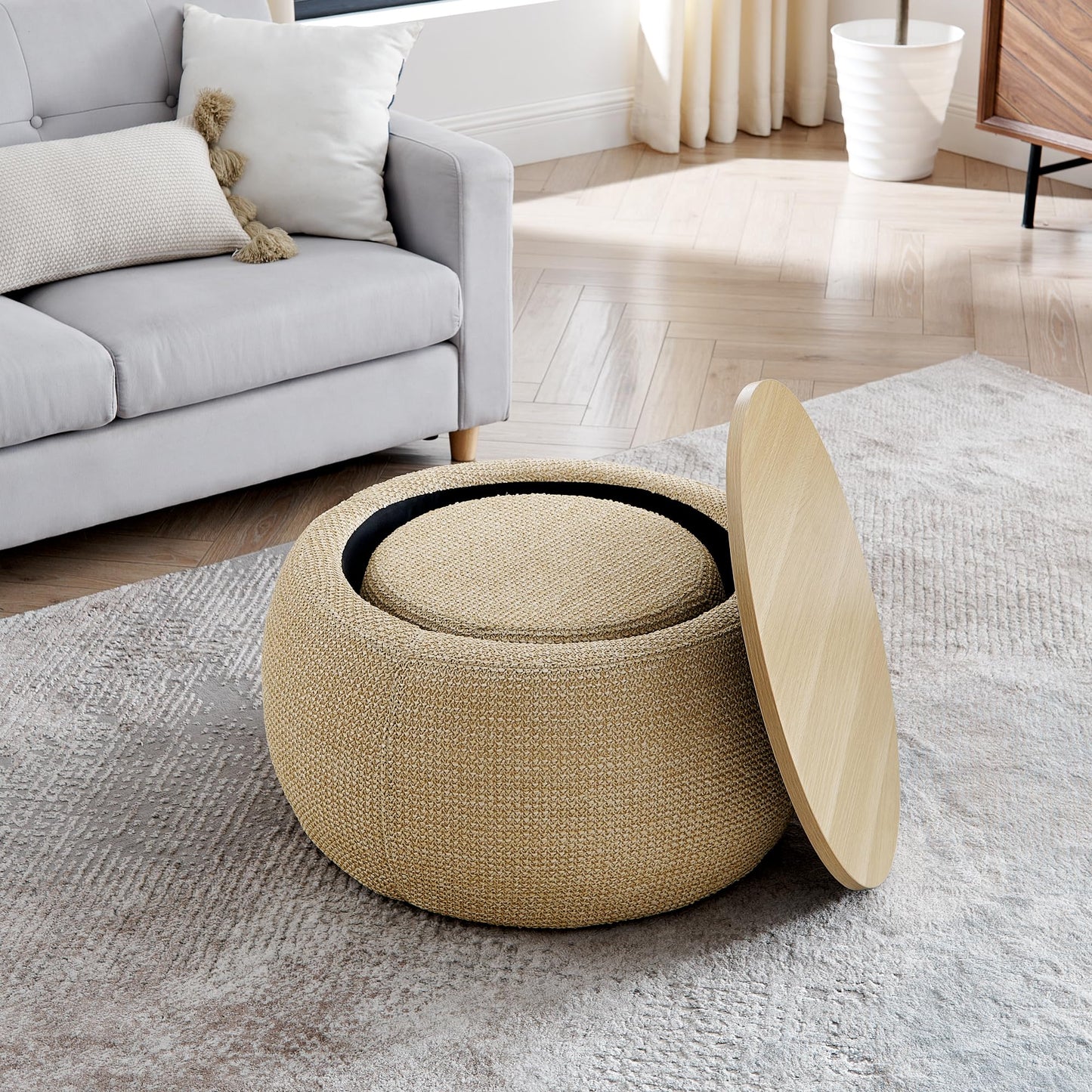 2-Piece Set Round Chenille Storage Ottoman, Equipped with a Drum Shaped Small Stool, Storage Space