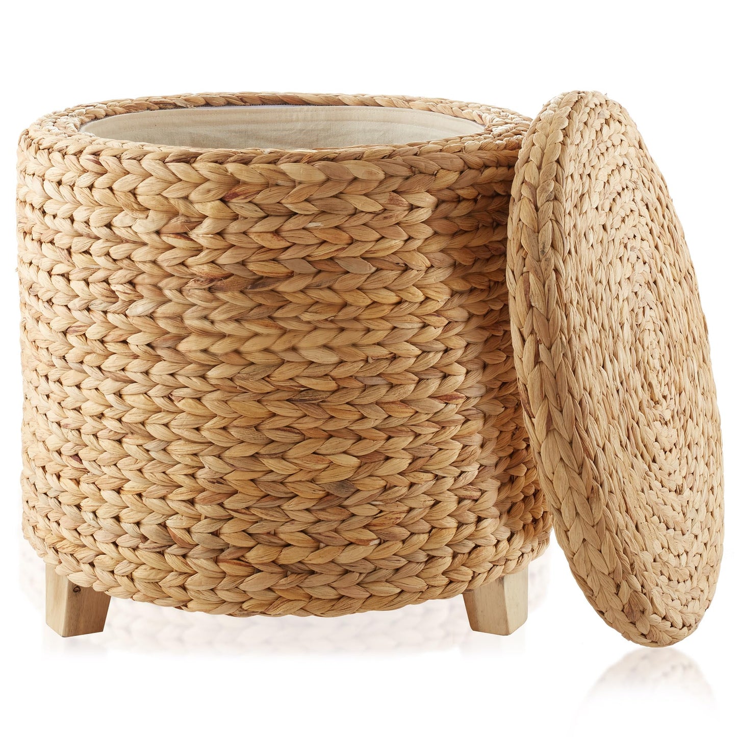 Round Storage Ottoman with Lid - Whitewash, Handwoven Water Hyacinth Footstool for Living Room, Bedroom