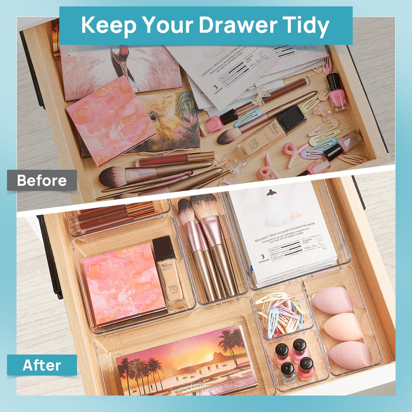 Vtopmart 25 PCS Clear Plastic Drawer Organizers Set, 4-Size Versatile Bathroom and Vanity Drawer Organizer Trays