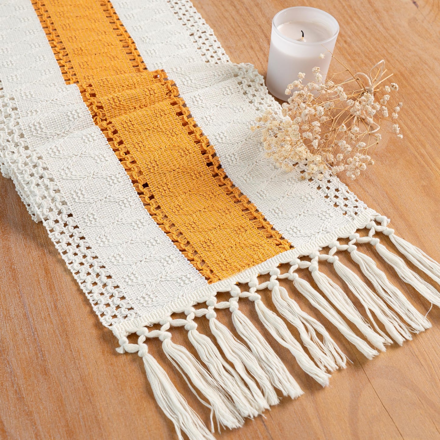FEXIA Boho Table Runner for Fall Home Decor with Tassels 72 Inches Long Farmhouse Rustic Table Runner (12x72 Inches)