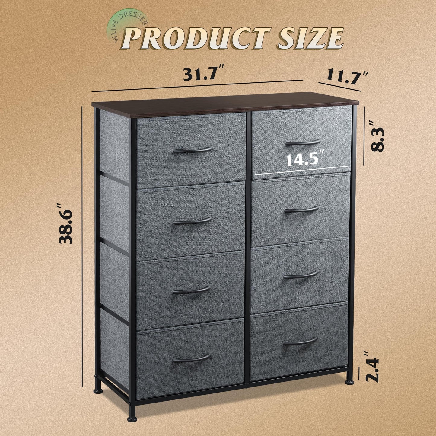 Fabric Dresser for Bedroom, Tall Dresser with 8 Drawers, Storage Tower with Fabric Bins, Double Dressers, Chest of Drawers for Closet, Living Room, Hallway, Dorm, Rustic Brown Wood Grain Print