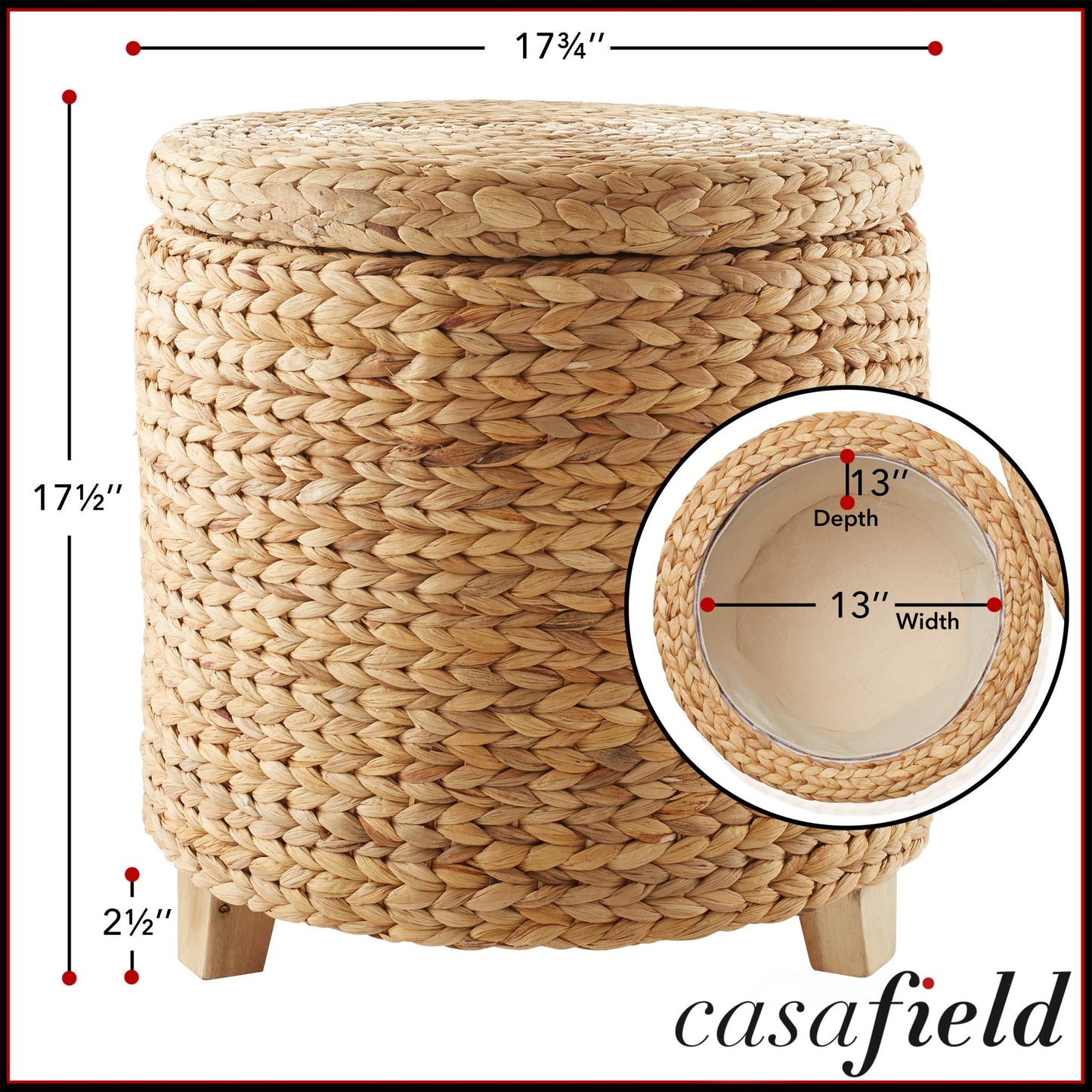 Round Storage Ottoman with Lid - Whitewash, Handwoven Water Hyacinth Footstool for Living Room, Bedroom