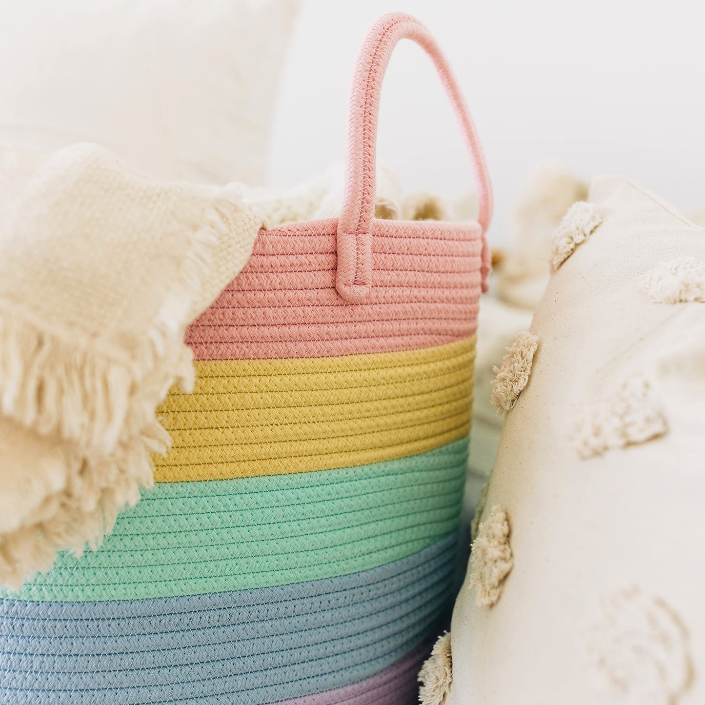 OrganiHaus Large Blanket Basket for Living Room 20x13, Rainbow Rope Basket for Classroom Organization, Toy Storage Basket, Woven Kids Laundry Basket