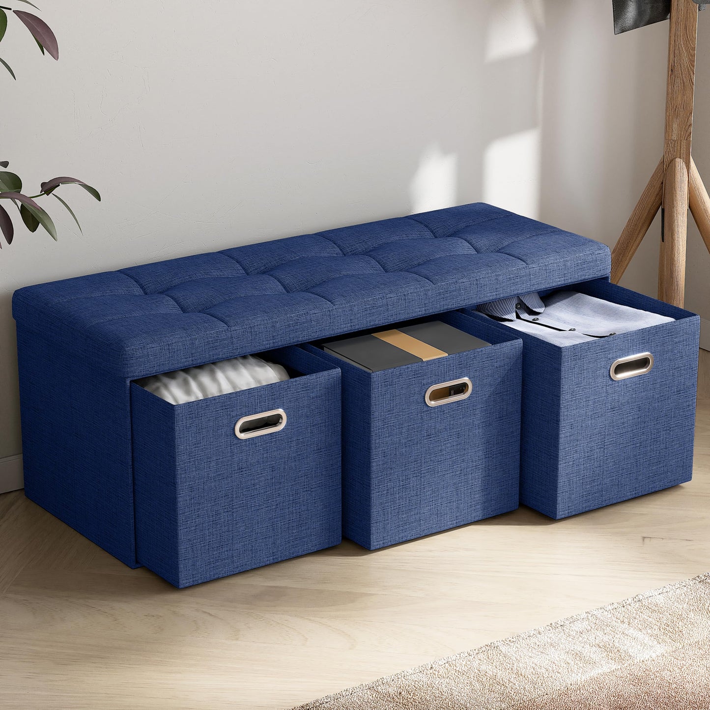 Ornavo Home Foldable Tufted Linen Large Long Bench Storage Ottoman Foot Rest Stool Seat with 3 Drawer Cubes - 15" x 40" x 15", Navy Blue